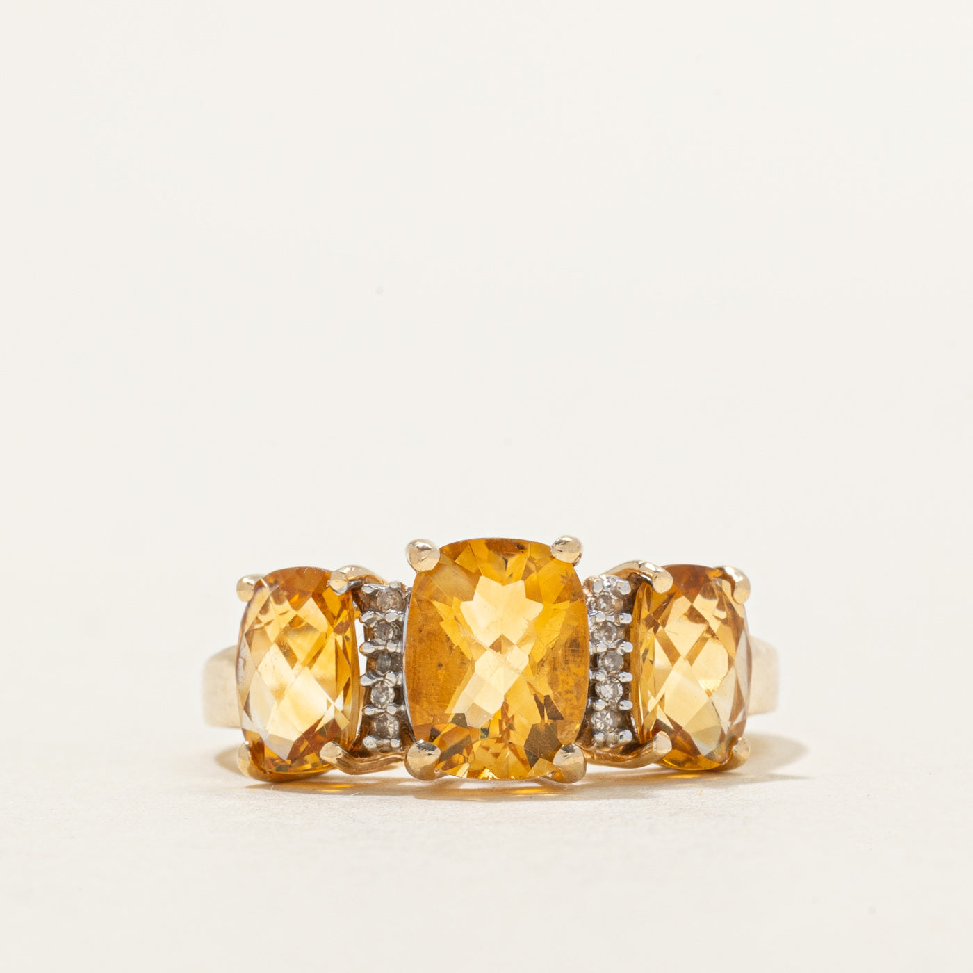 Three Stone Cushion Cut Citrine & Diamond Ring | 2.80ctw, 0.05ctw | SZ 6.75