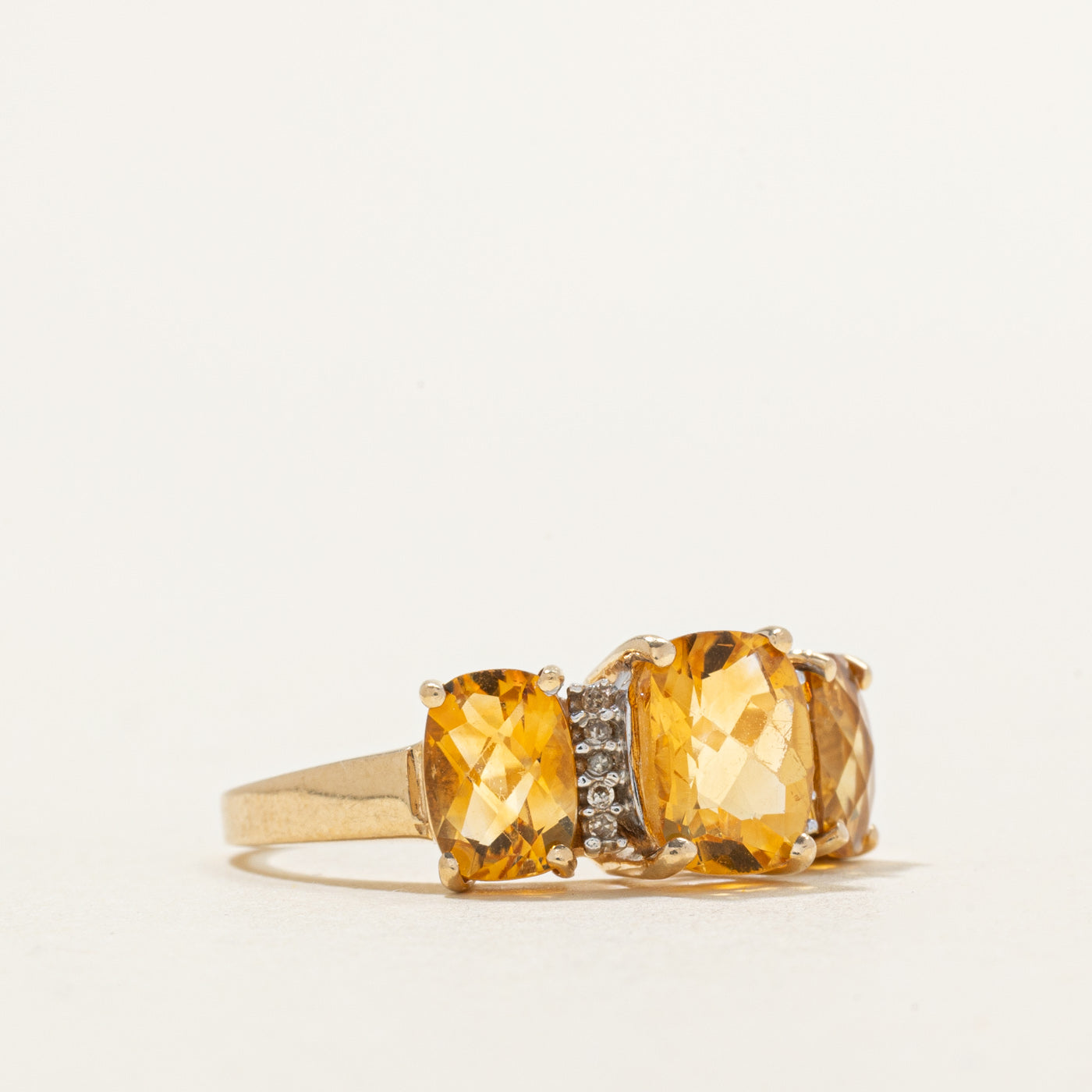 Three Stone Cushion Cut Citrine & Diamond Ring | 2.80ctw, 0.05ctw | SZ 6.75