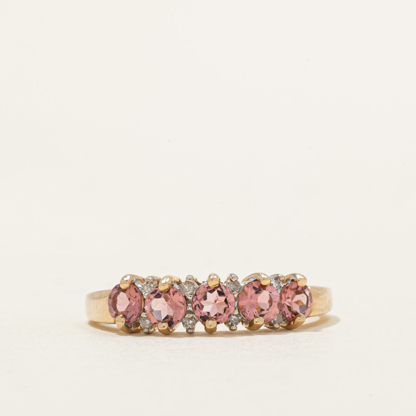 Five Stone Pink Tourmaline & Diamond Accented Ring | 0.90ctw, 0.04ctw | SZ 9.0