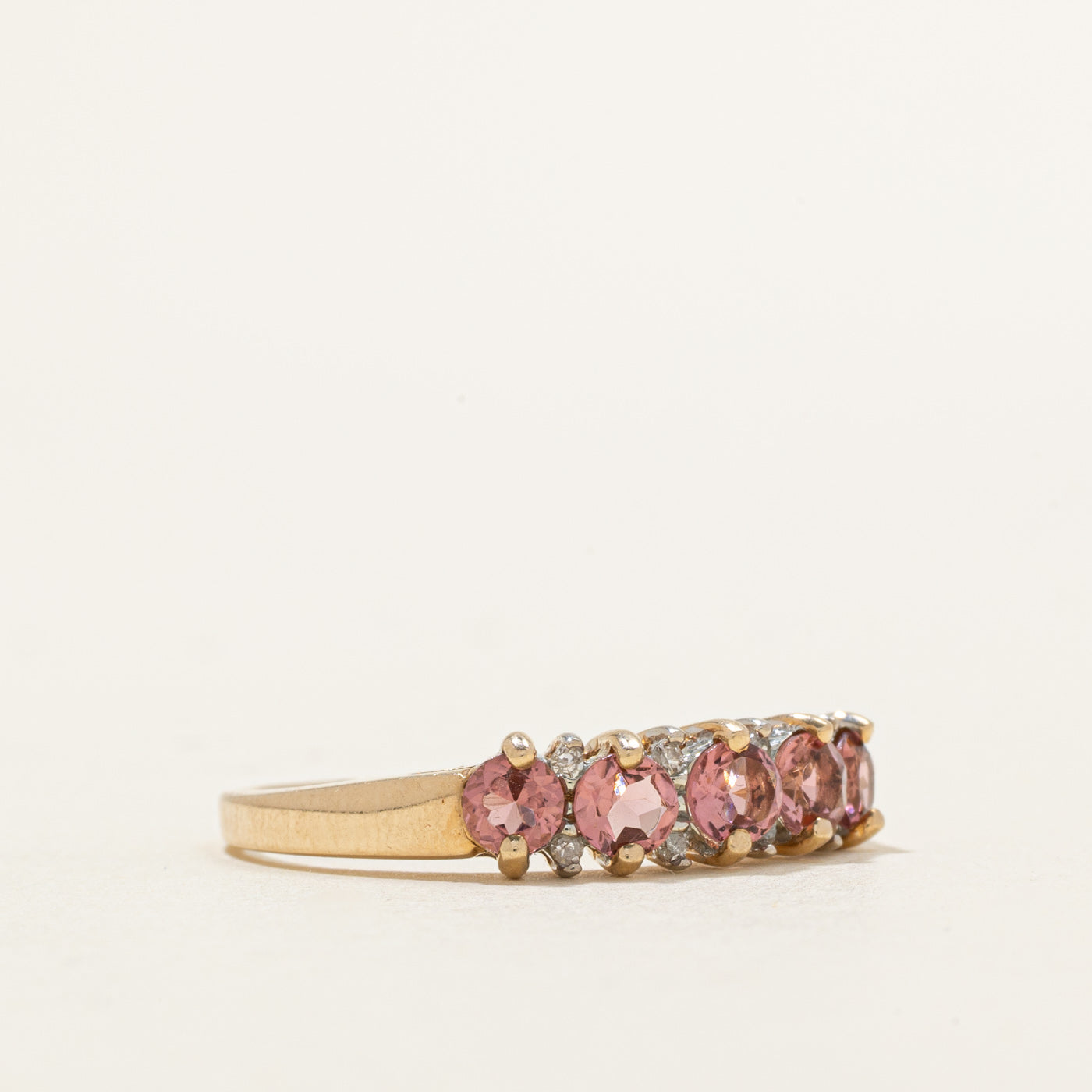 Five Stone Pink Tourmaline & Diamond Accented Ring | 0.90ctw, 0.04ctw | SZ 9.0