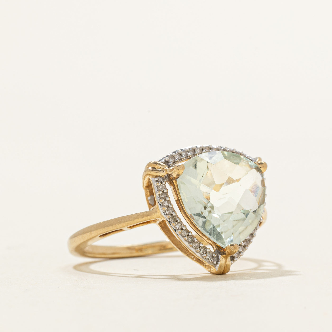 Trillion Cut Prasiolite & Diamond Halo Ring | 2.40ct, 0.10ctw | SZ 7.0