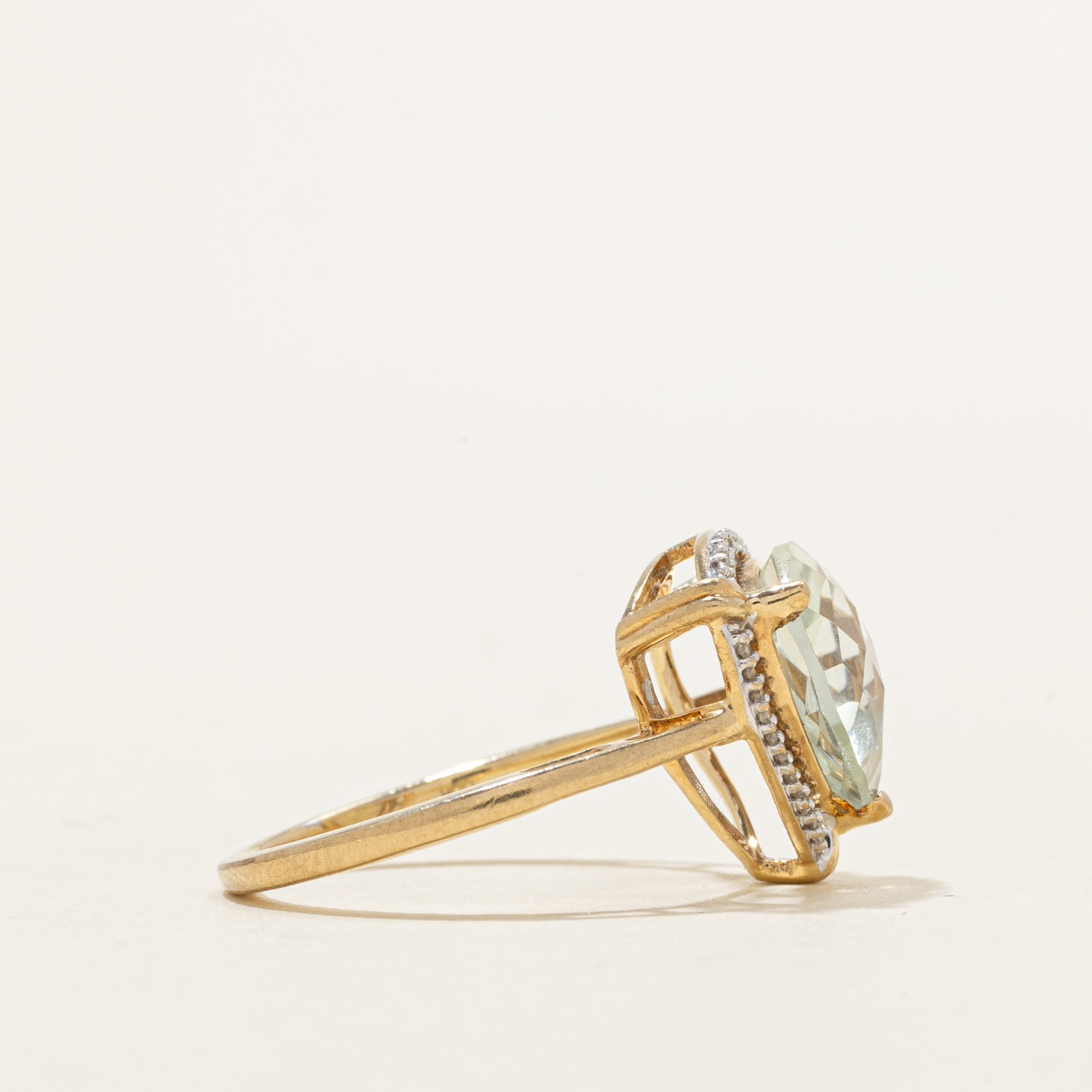 Trillion Cut Prasiolite & Diamond Halo Ring | 2.40ct, 0.10ctw | SZ 7.0