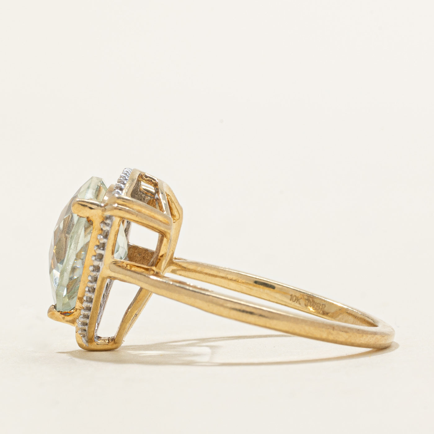 Trillion Cut Prasiolite & Diamond Halo Ring | 2.40ct, 0.10ctw | SZ 7.0