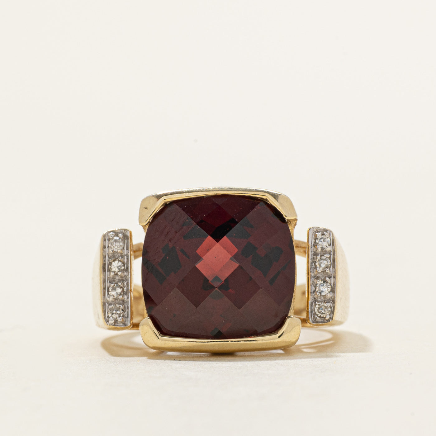 Cushion Cut Garnet & Diamond Cocktail Ring | 11.50ct, 0.10ctw | SZ 6.5