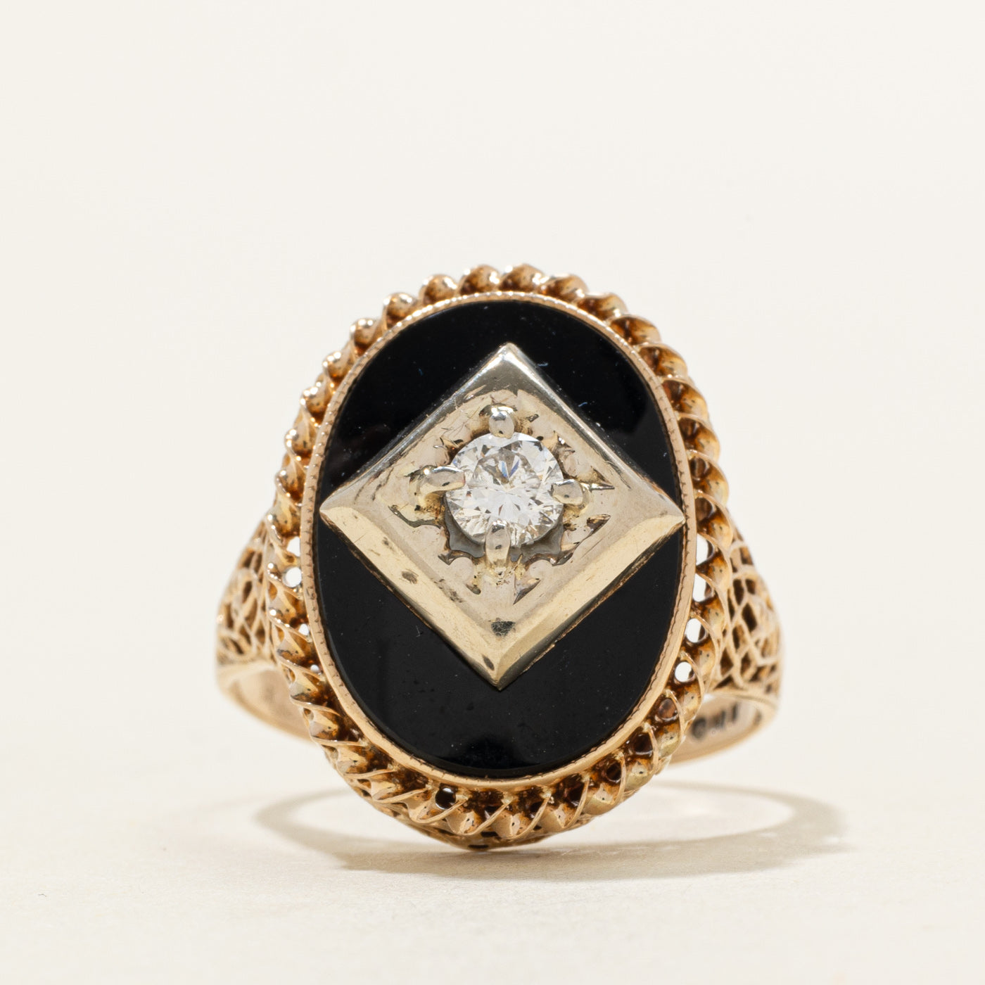 Onyx & Diamond Textured Signet Ring | 3.20ct, 0.18ct | SZ 6.0