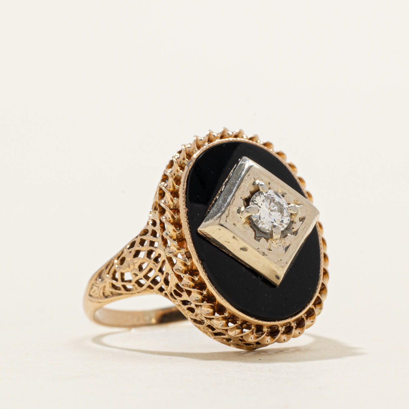 Onyx & Diamond Textured Signet Ring | 3.20ct, 0.18ct | SZ 6.0