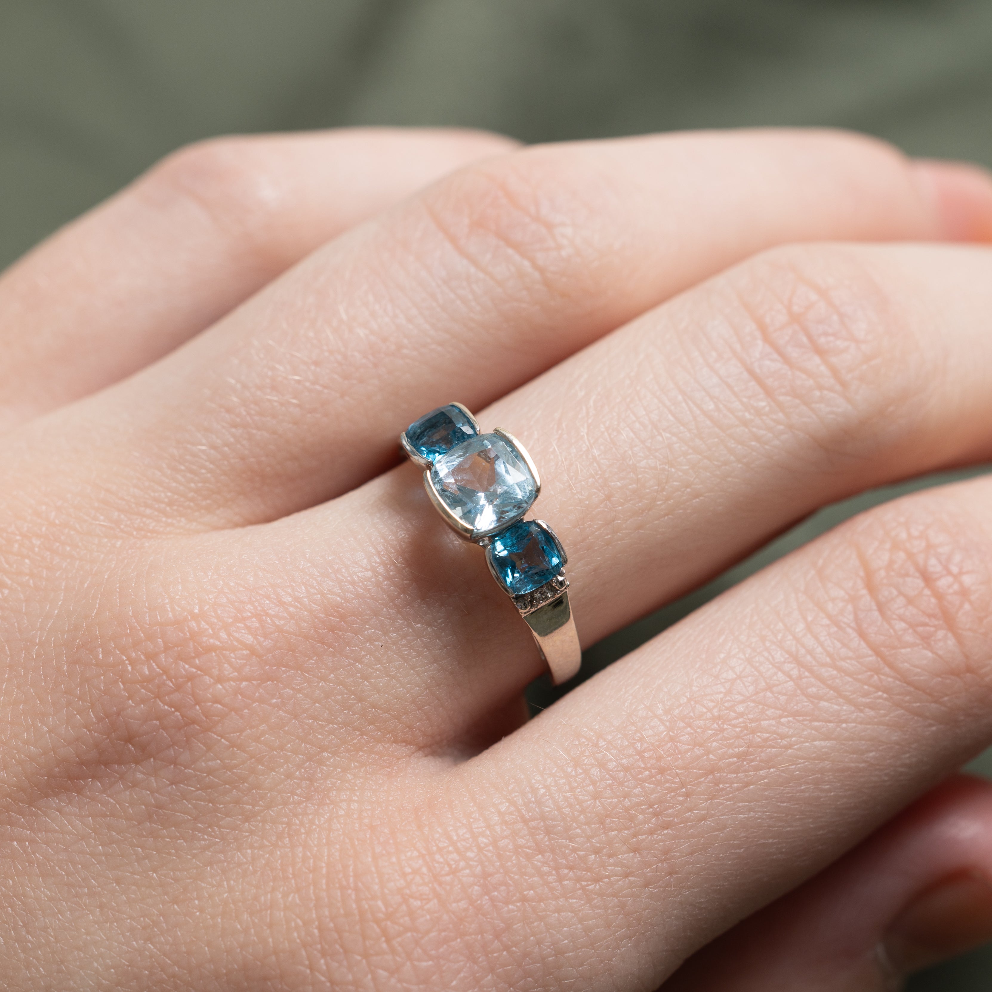 Three Stone Cushion Cut Blue Topaz & Diamond Ring | 1.55ctw, 0.006ctw | SZ 5.75