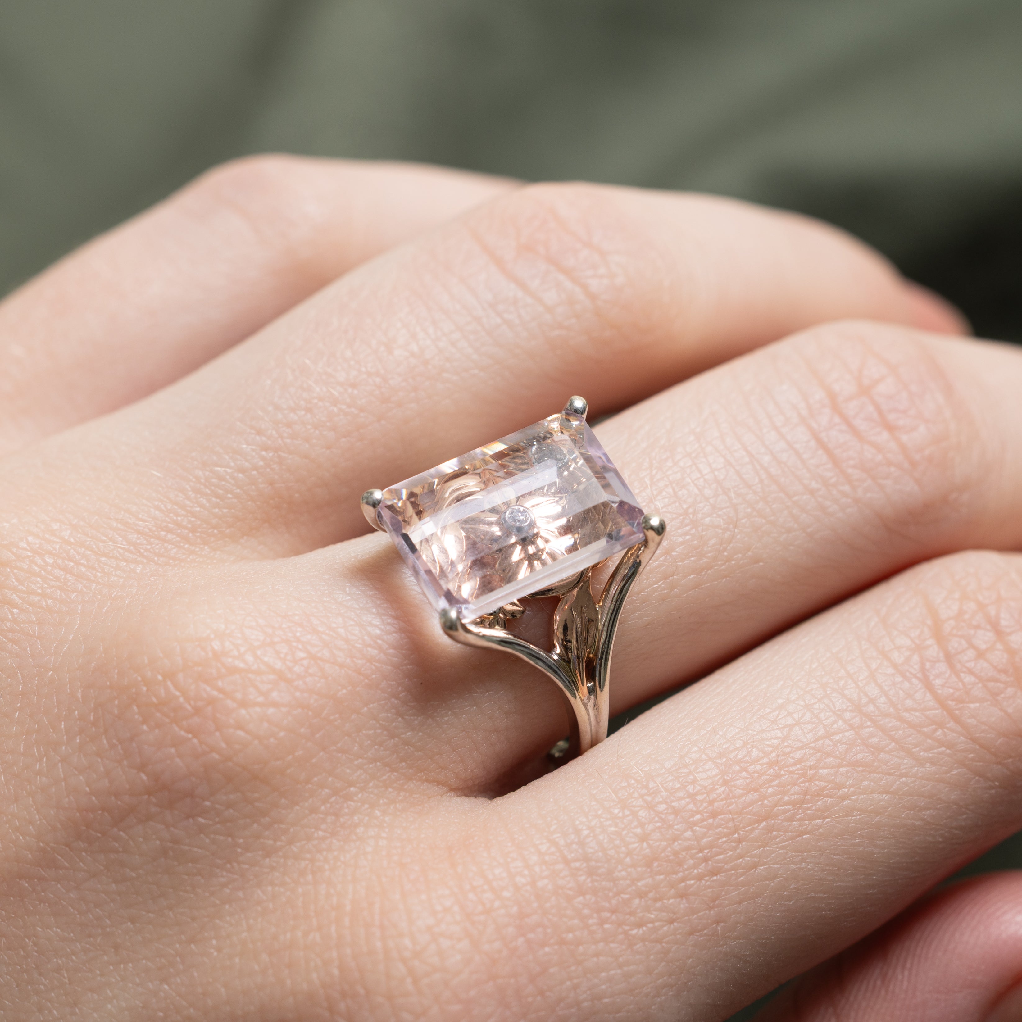 Pink Quartz & Diamond Floral Cocktail Ring | 4.17ct, 0.03ctw | SZ 7