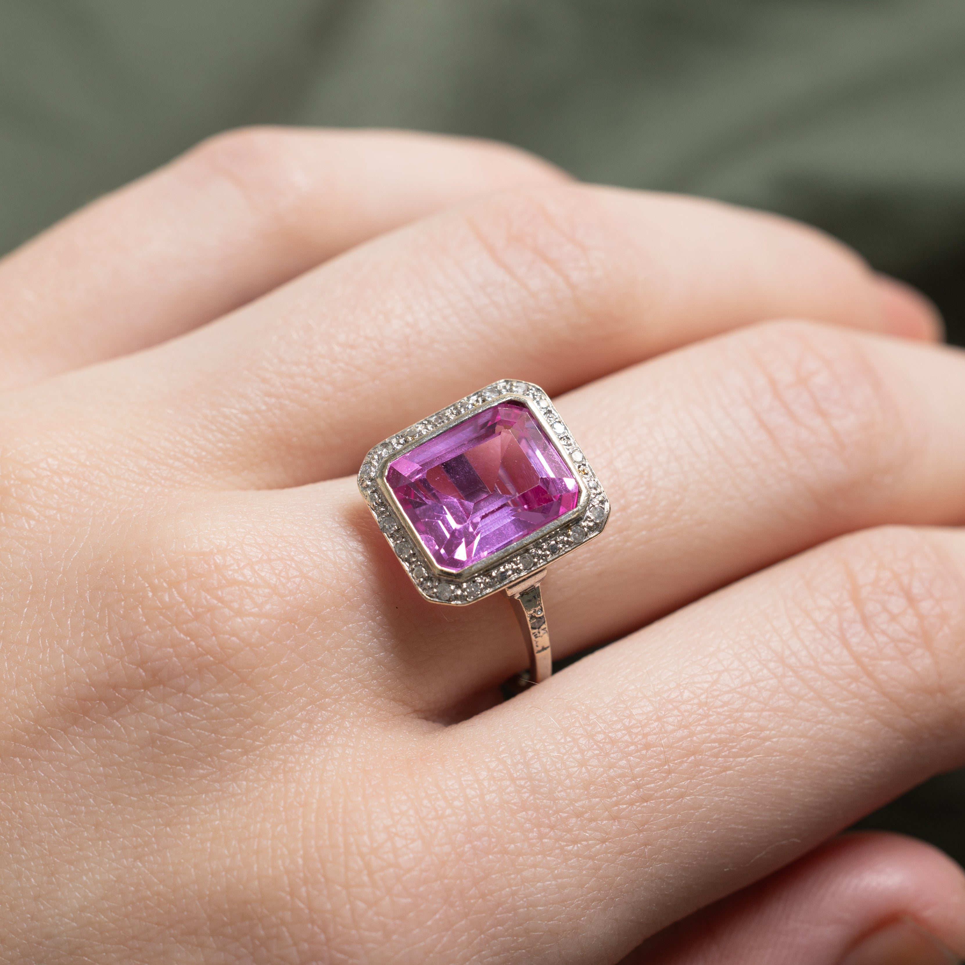 Bezel Set Synthetic Pink Sapphire & Diamond Halo Ring | 6.70ct, 0.02ctw | SZ 6.75