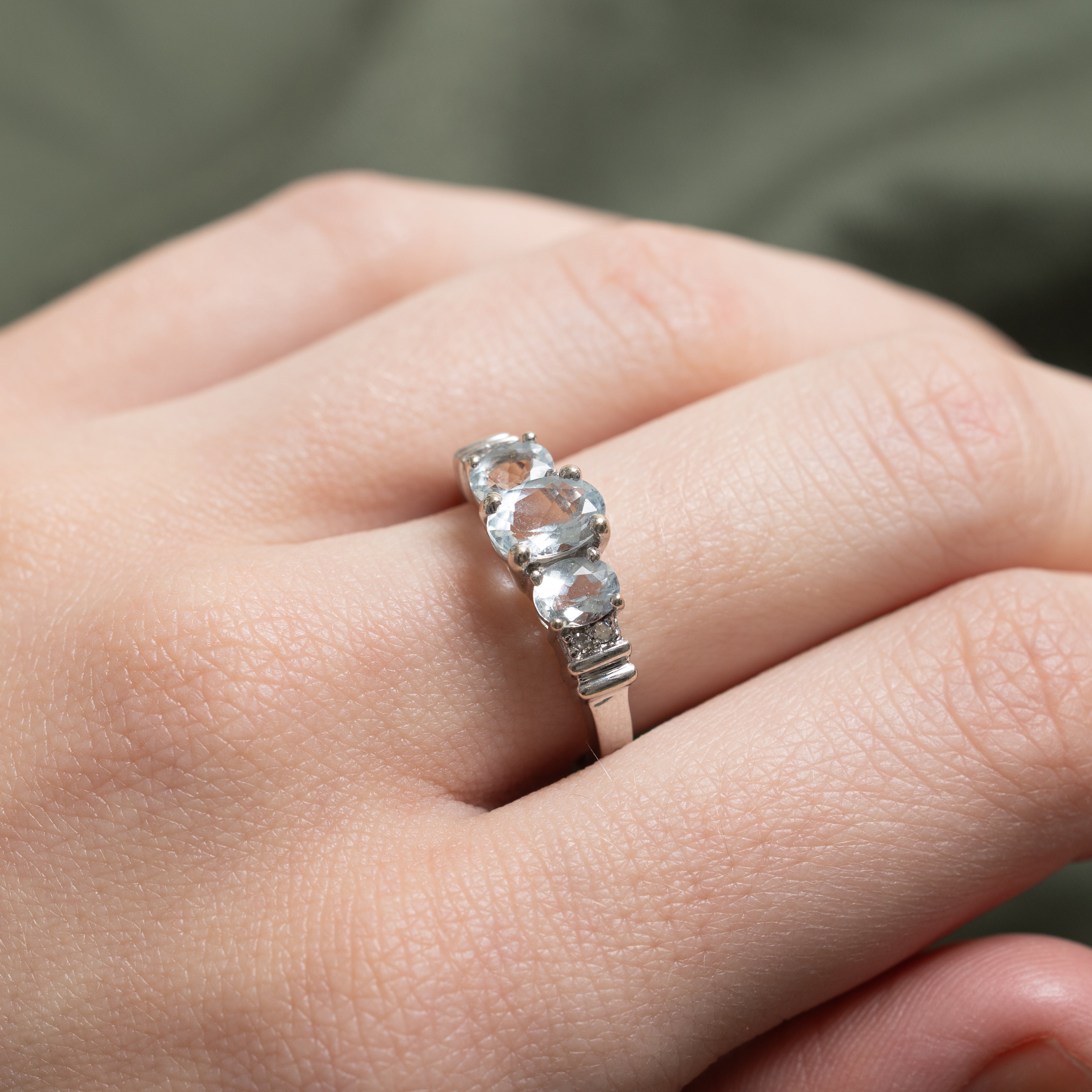 Three Stone Aquamarine & Diamond Ring | 1.15ctw, 0.04ctw | SZ 6.5