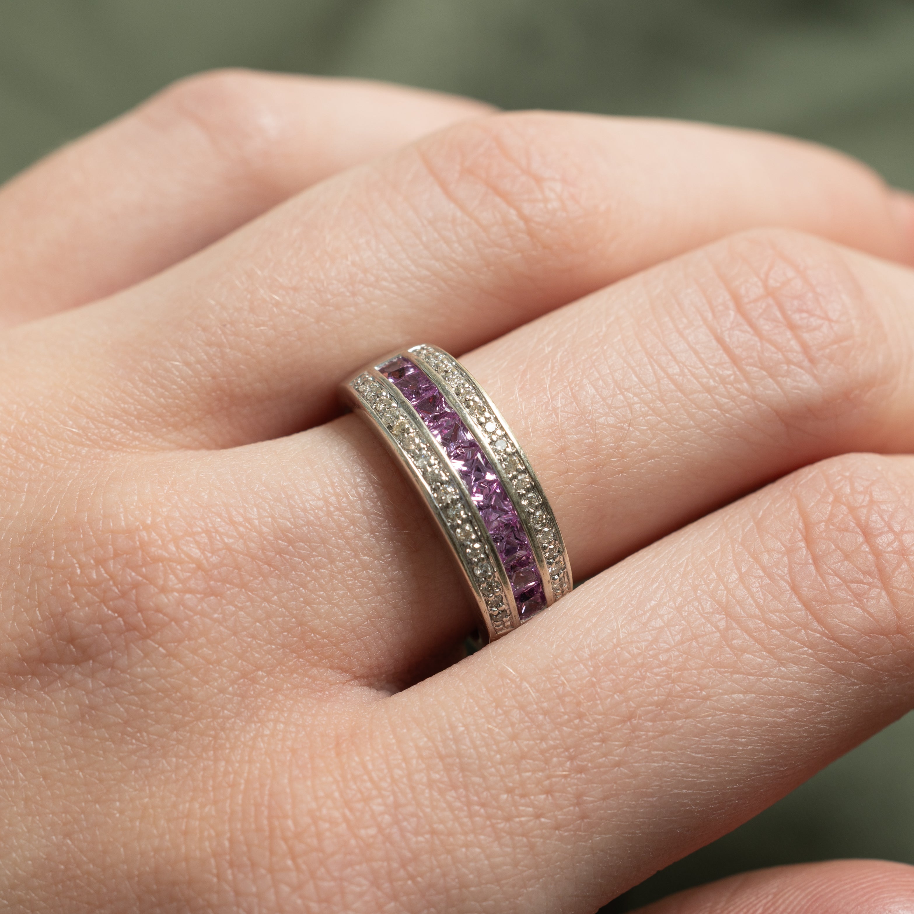 Multi Row Synthetic Pink Sapphire & Natural Diamond Ring | 1.08ctw, 0.32ctw | SZ 6.5