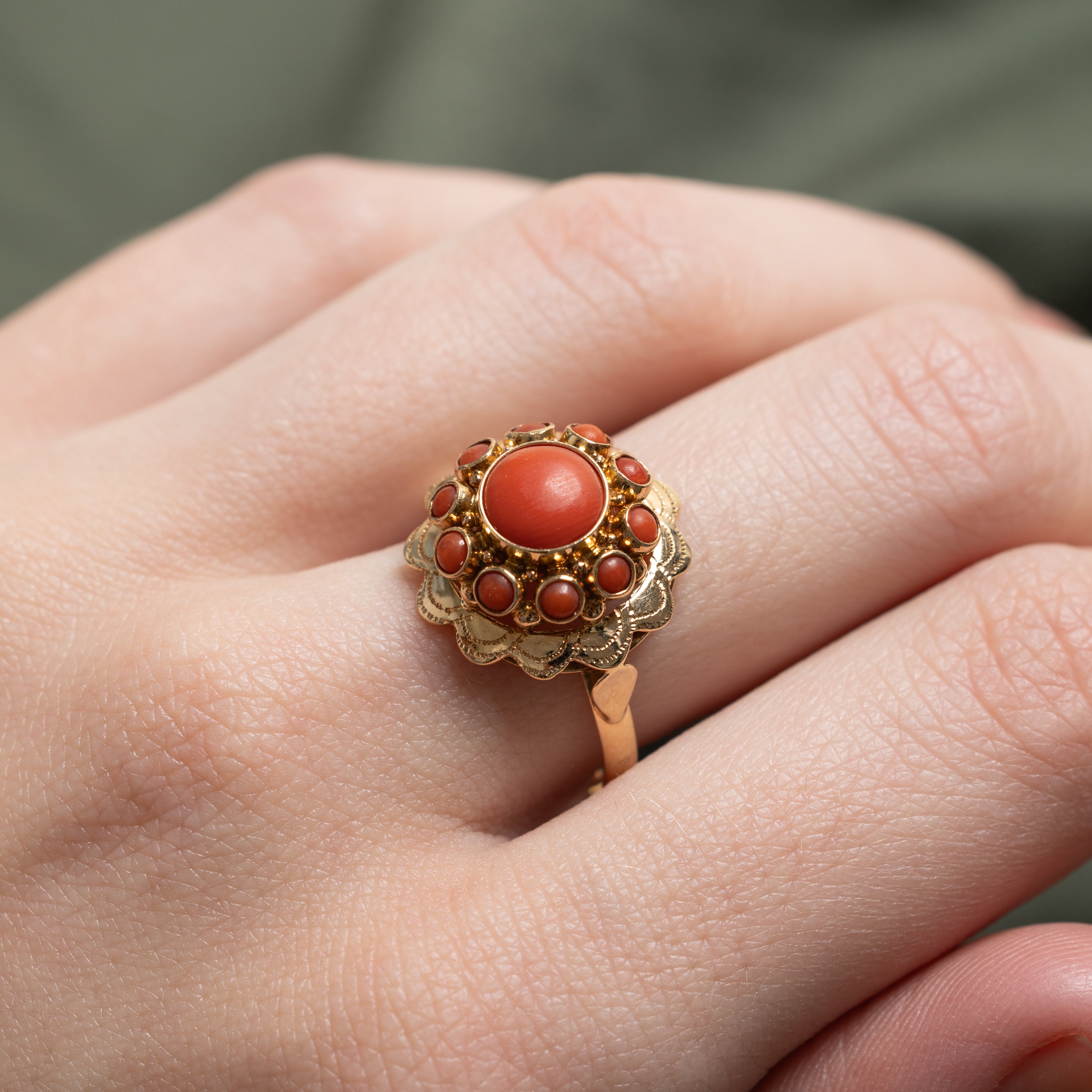 Cabochon Coral Halo Textured Cocktail Ring | 1.29ctw | SZ 9