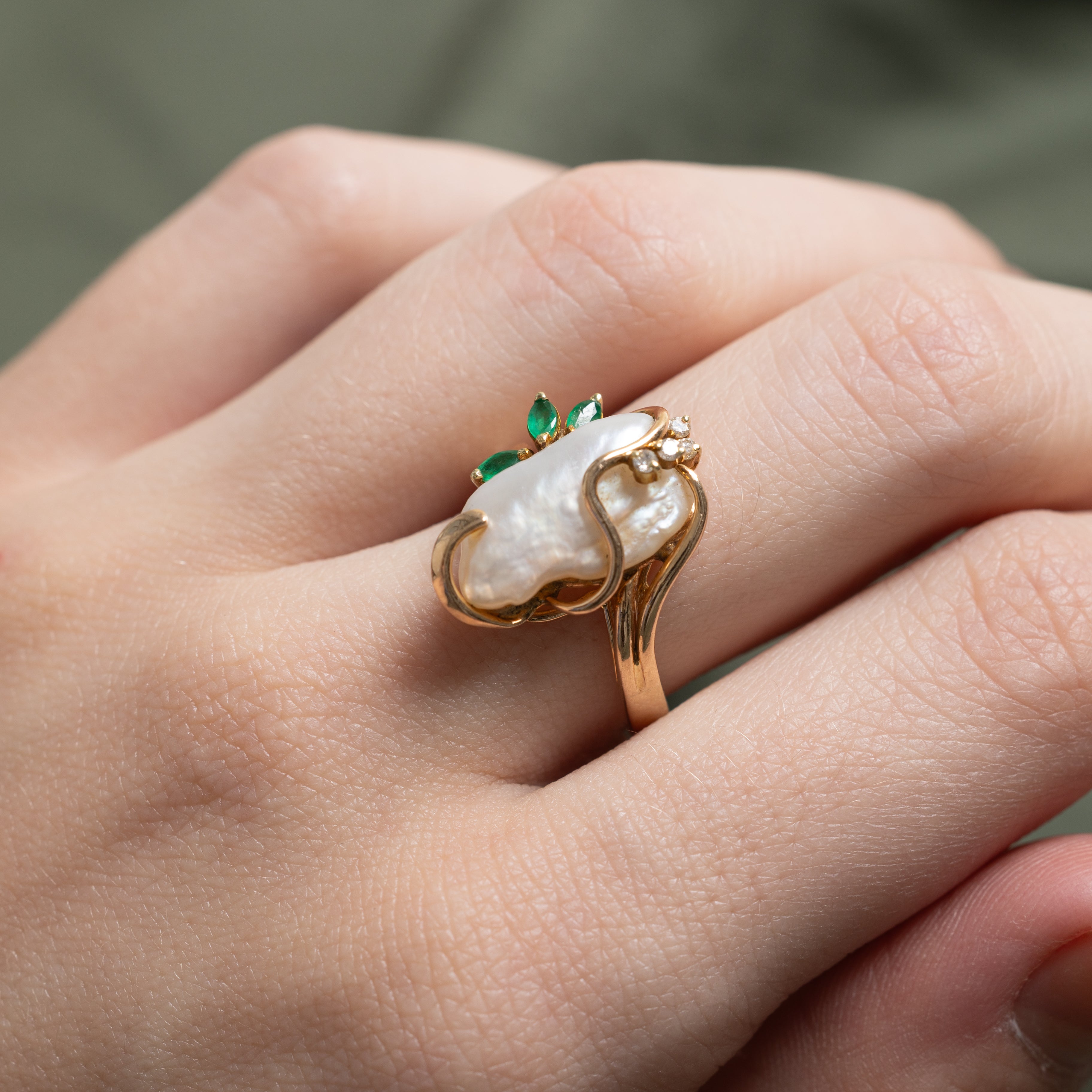 Baroque Pearl, Emerald & Diamond  Cocktail Ring | 0.15ctw, 0.04ctw | SZ 6.5