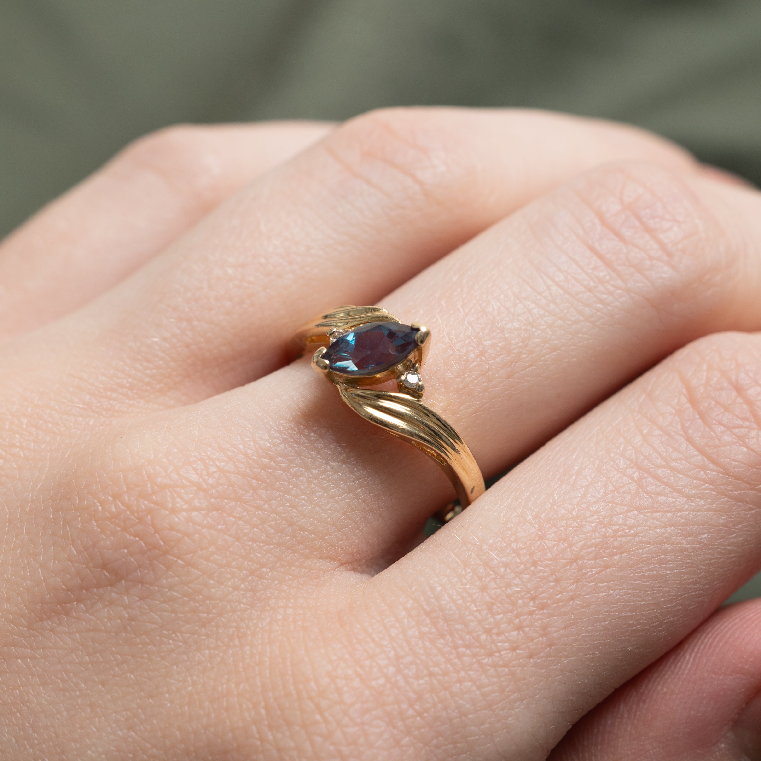 Synthetic Colour Change Sapphire & Natural Diamond Bypass Ring | 0.72ct, 0.02ctw | SZ 8