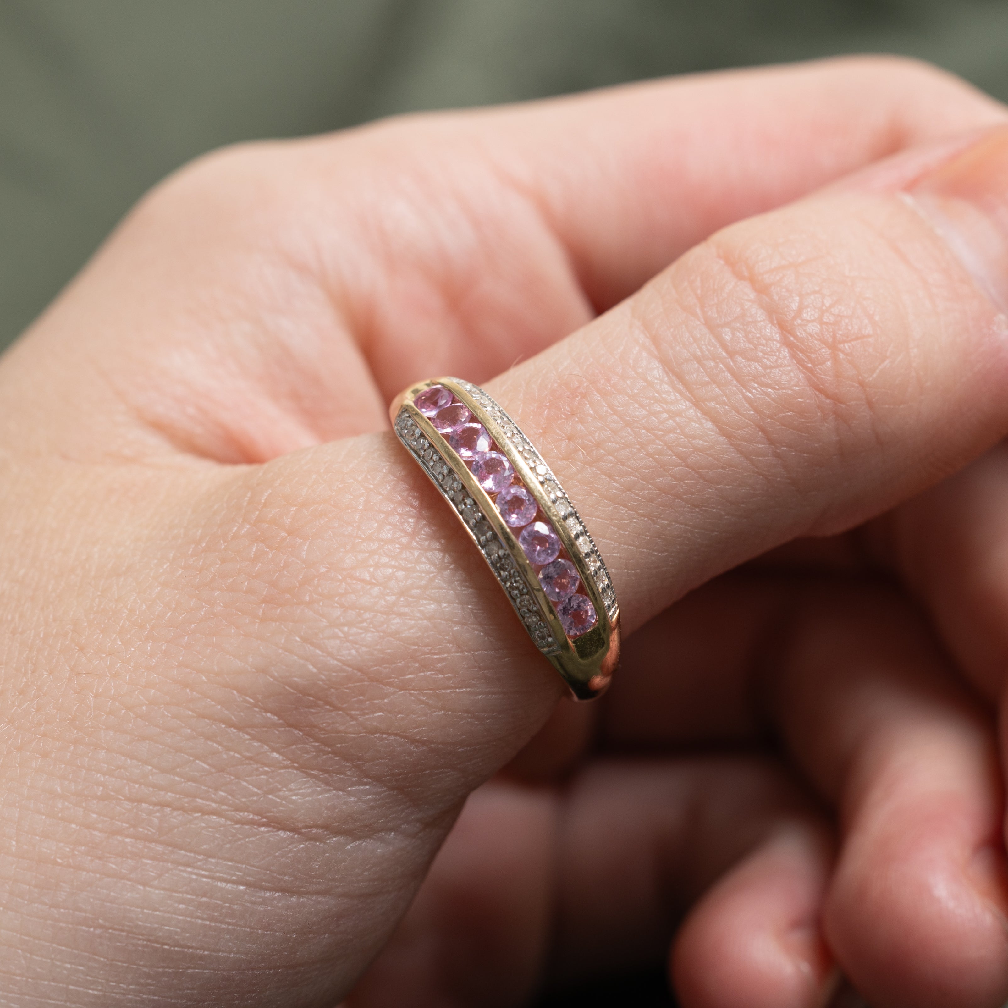 Multi Row Synthetic Pink Sapphire & Natural Diamond Ring | 0.88ctw, 0.09ctw | SZ 8