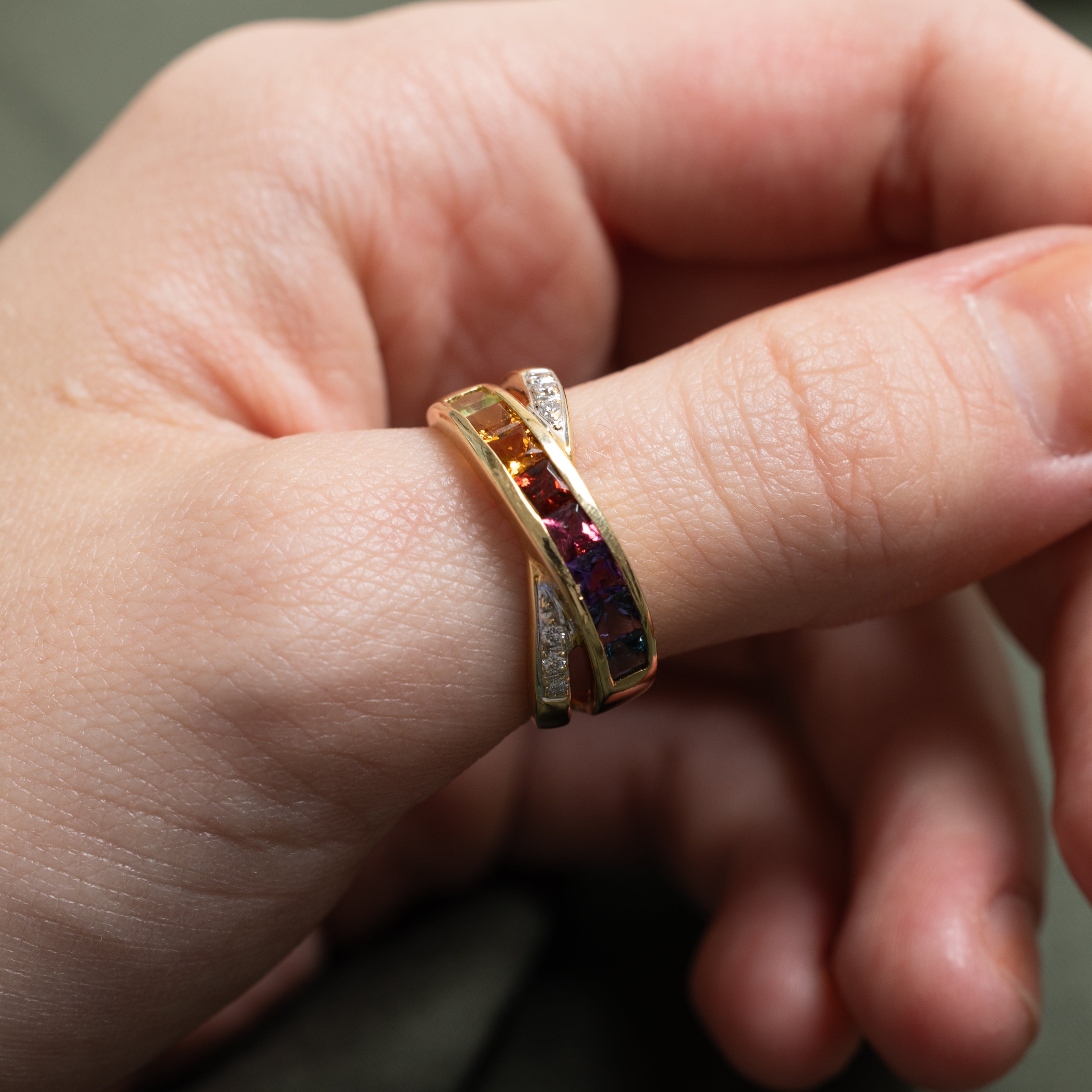 18k Multi Gemstone & Diamond Cross Over Ring | 1.30ctw, 0.06ctw | SZ 8.5