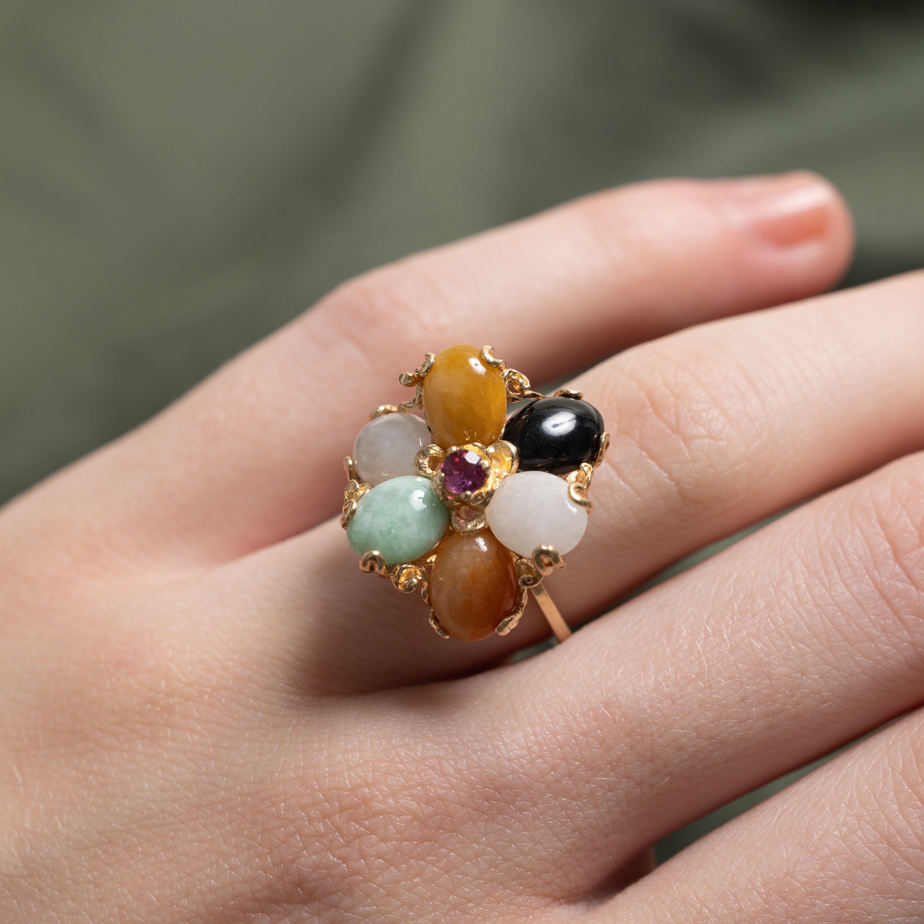 18k Jadeite & Ruby Floral Cocktail Ring | 6.12ctw, 0.16ct | SZ 5