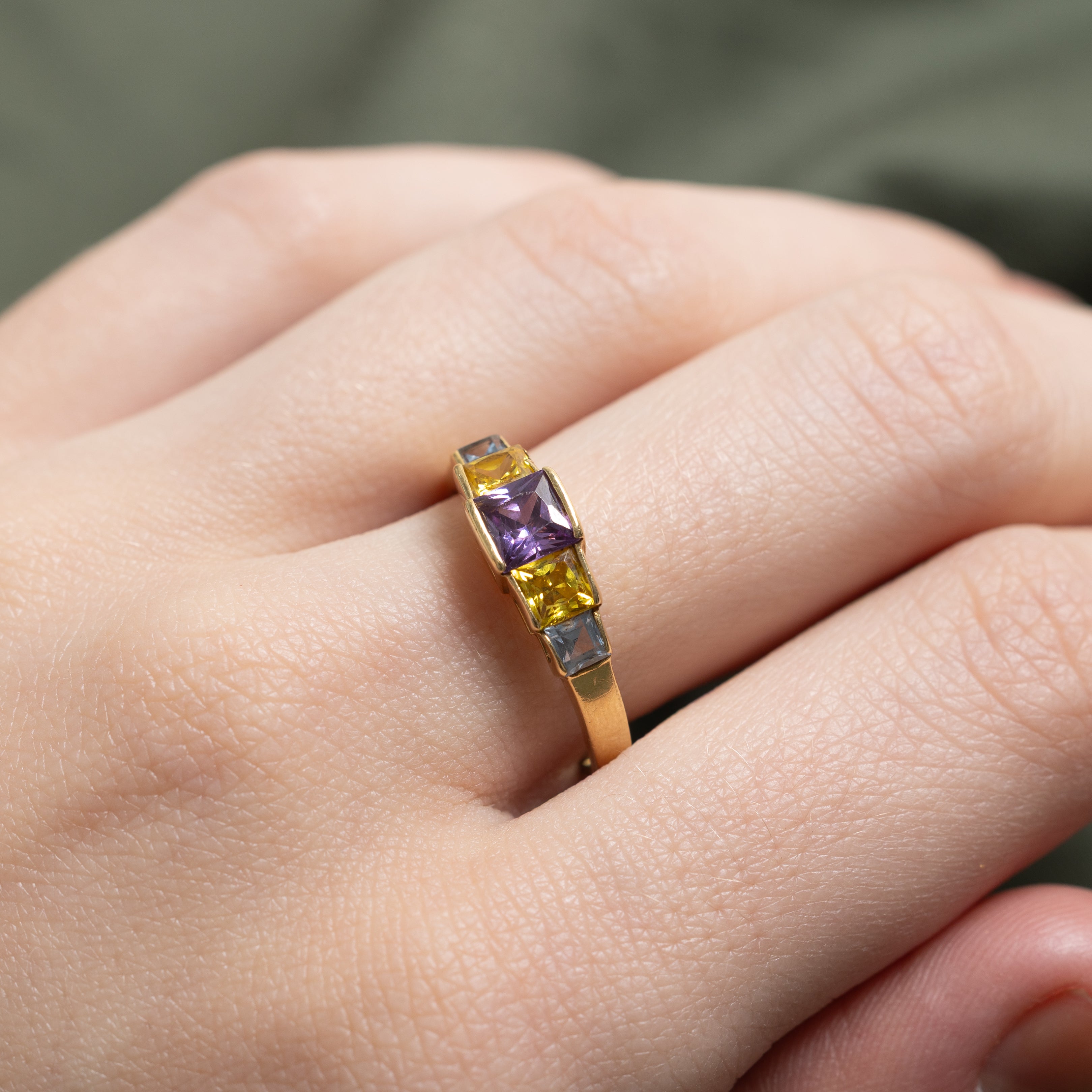 18k Princess Cut Amethyst, Citrine & Blue Topaz Ring | 1.19ctw | SZ 8
