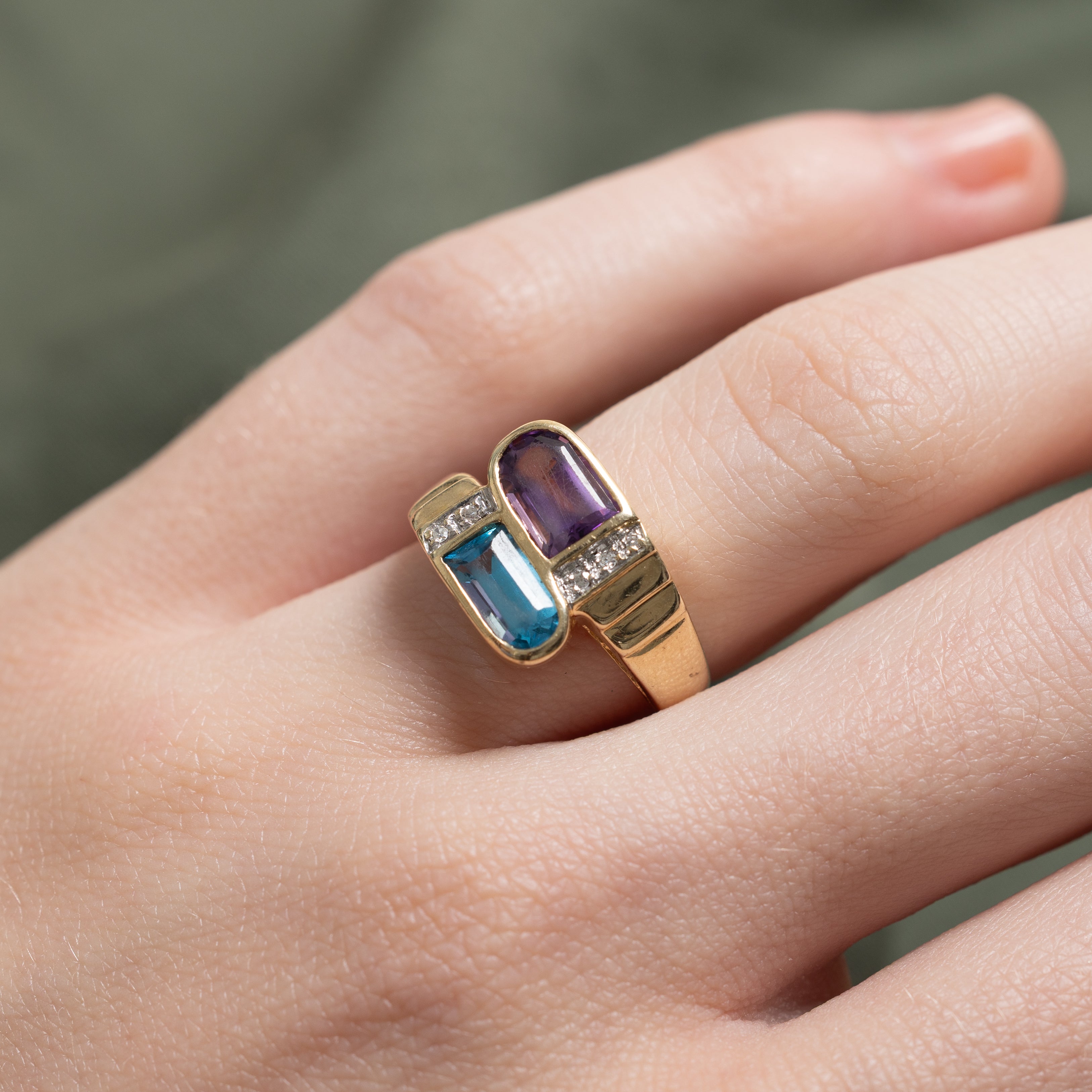 Amethyst, Blue Topaz & Diamond Bypass Ring | 0.80ct, 0.70ct | SZ 5.25