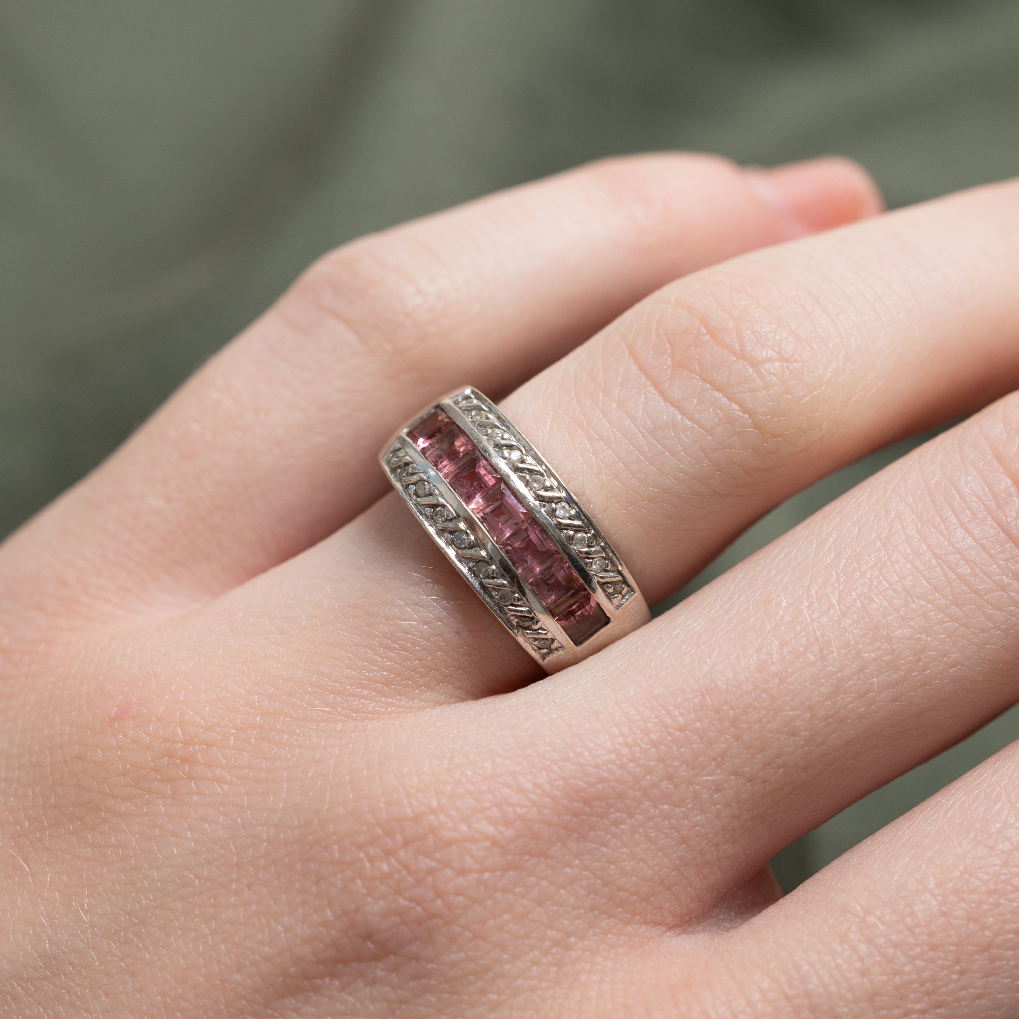 Multi Row Pink Tourmaline & Diamond Ring | 0.98ctw, 0.02ctw | SZ 4.5