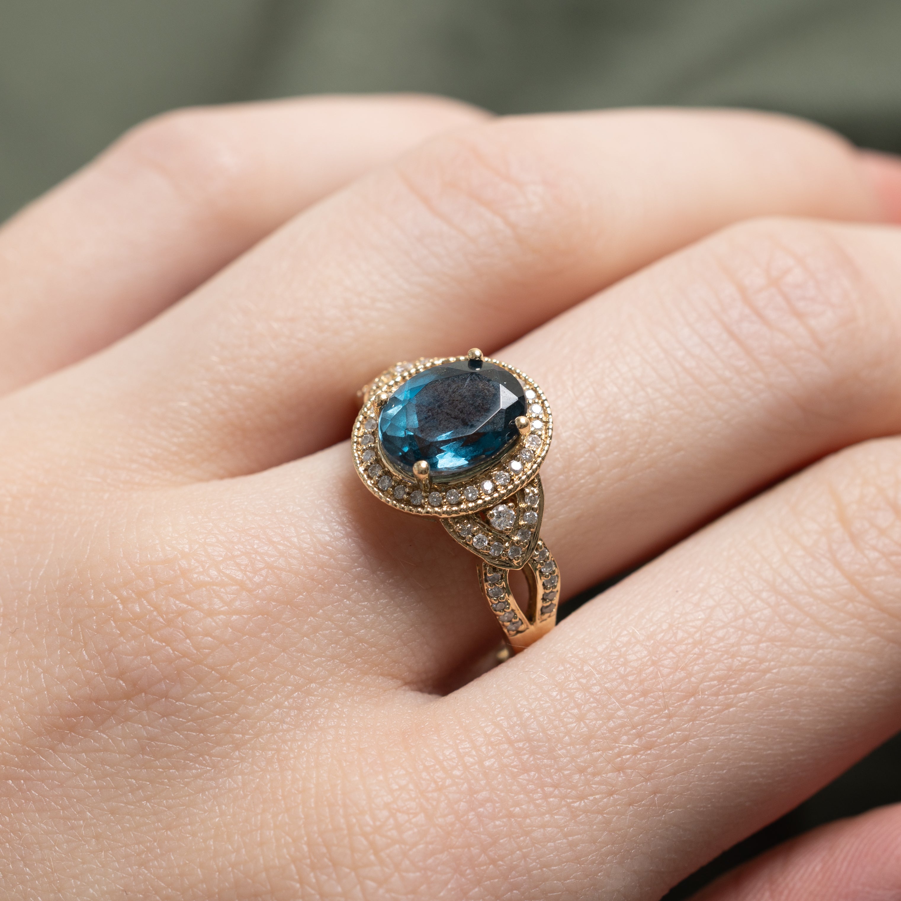 Oval Cut Blue Topaz & Diamond Halo Ring | 2.70ct, 0.16ctw | SZ 8