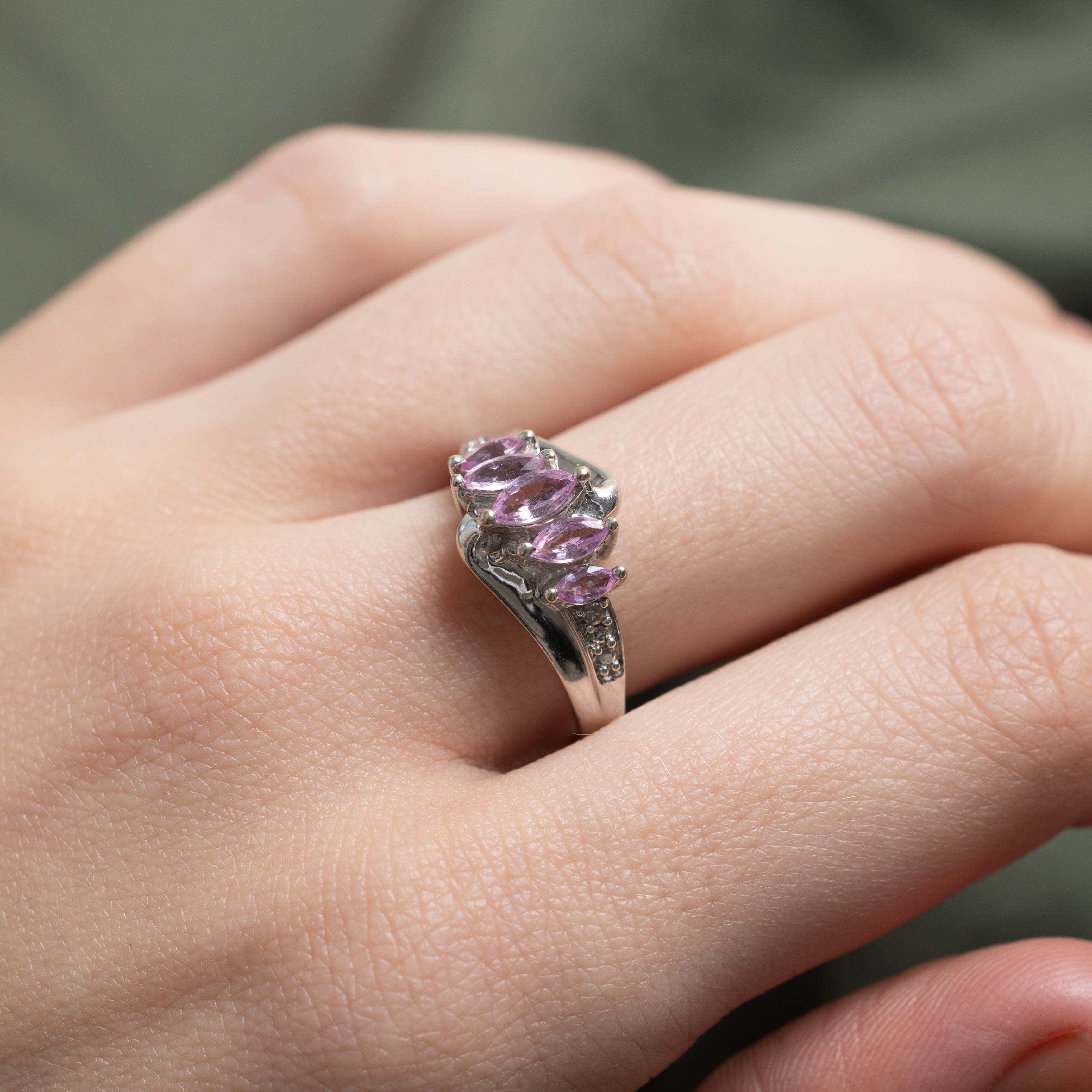 Diagonal Synthetic Pink Sapphire & Natural Diamond Ring | 0.64ctw, 0.02ctw | SZ 7