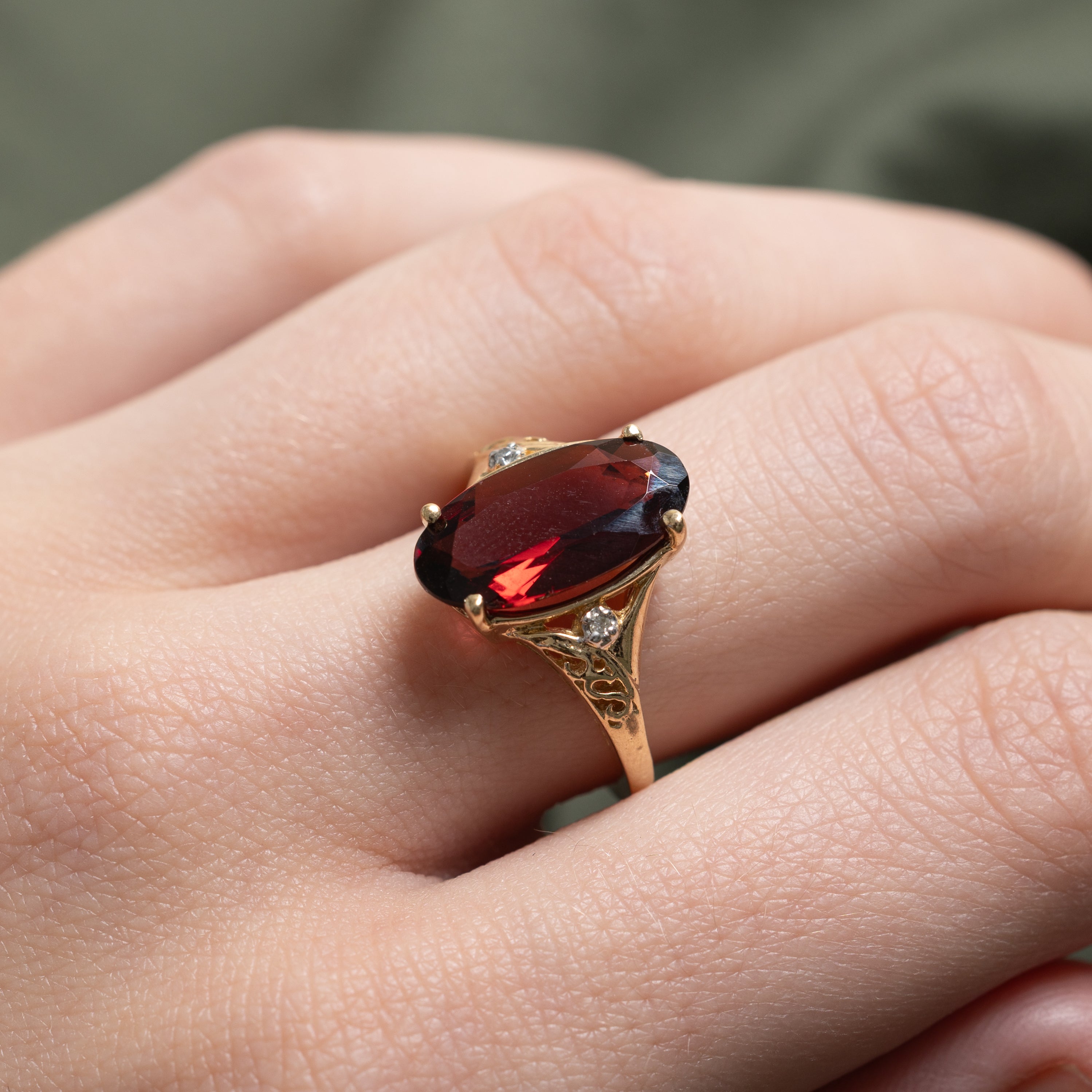 Almandine Garnet & Diamond Scrollwork Cocktail Ring | 3.39ct, 0.01ctw | SZ 5.75