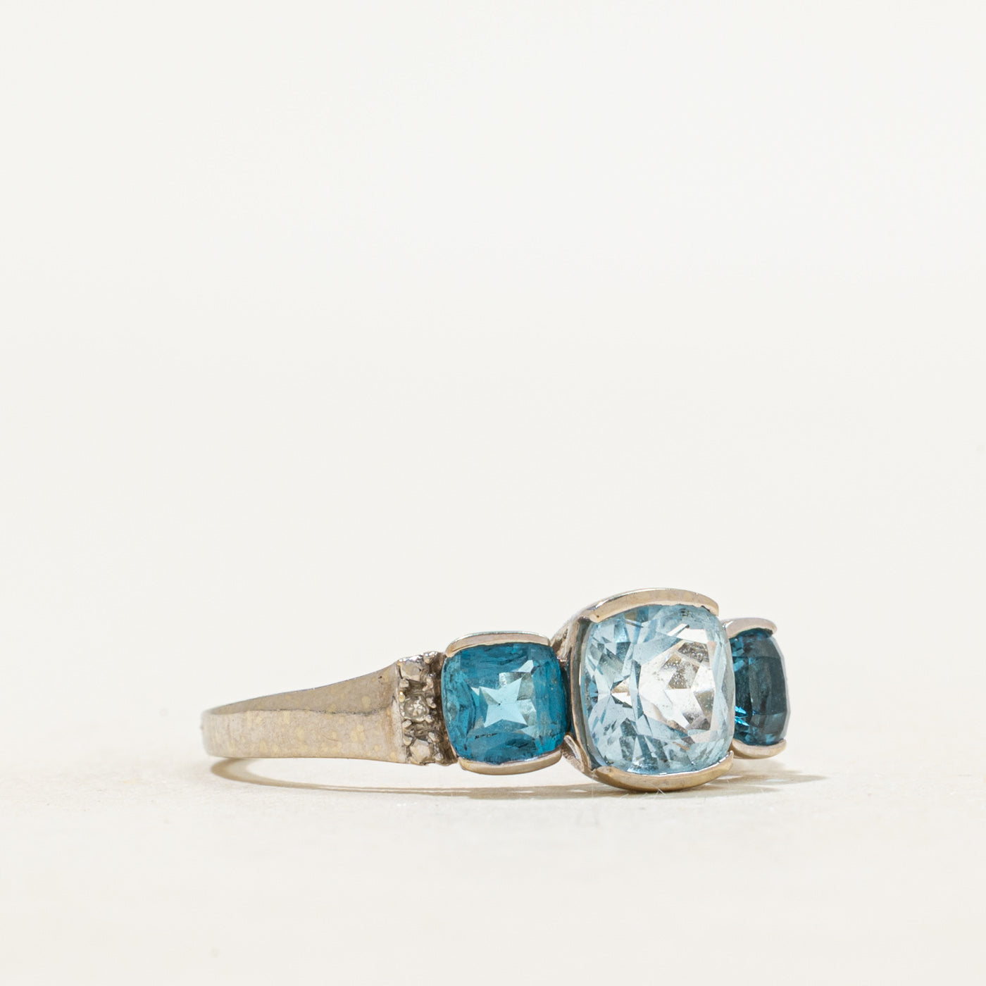 Three Stone Cushion Cut Blue Topaz & Diamond Ring | 1.55ctw, 0.006ctw | SZ 5.75