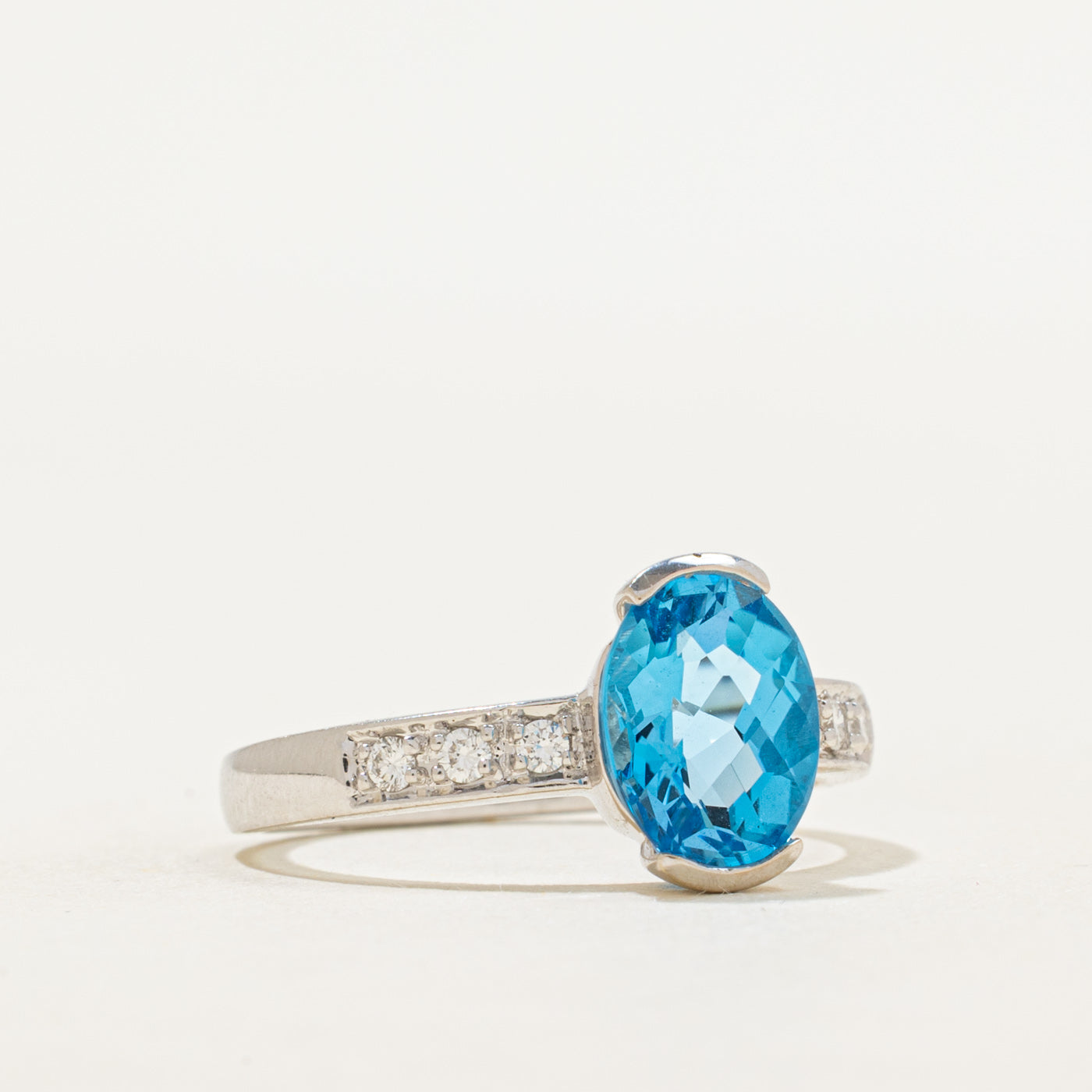 Oval Cut Blue Topaz & Diamond Ring | 2.04ct, 0.18ctw | SZ 7.25