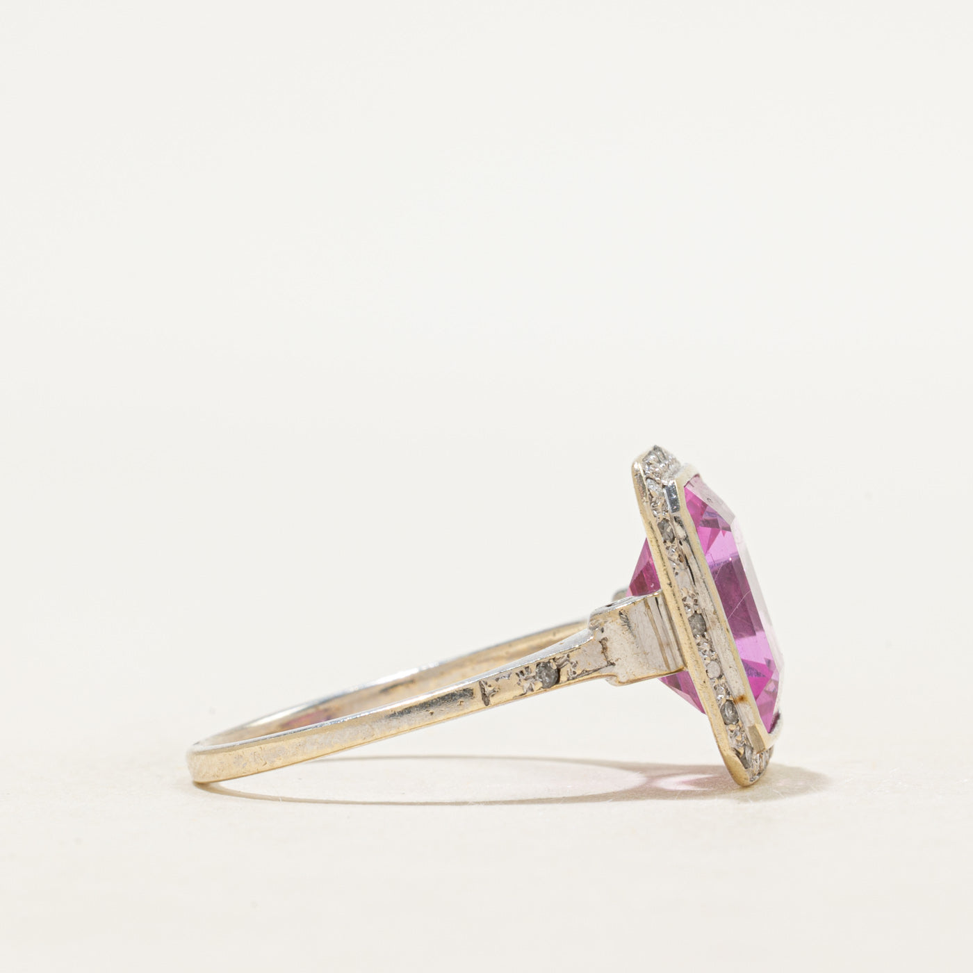 Bezel Set Synthetic Pink Sapphire & Diamond Halo Ring | 6.70ct, 0.02ctw | SZ 6.75