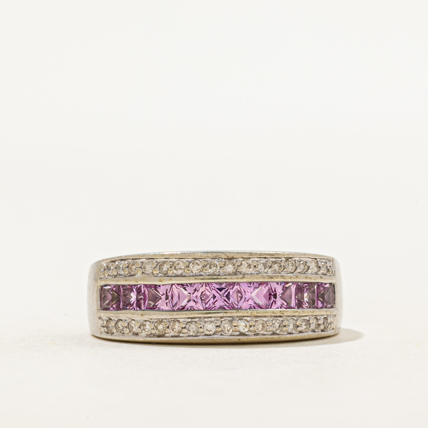 Multi Row Synthetic Pink Sapphire & Natural Diamond Ring | 1.08ctw, 0.32ctw | SZ 6.5