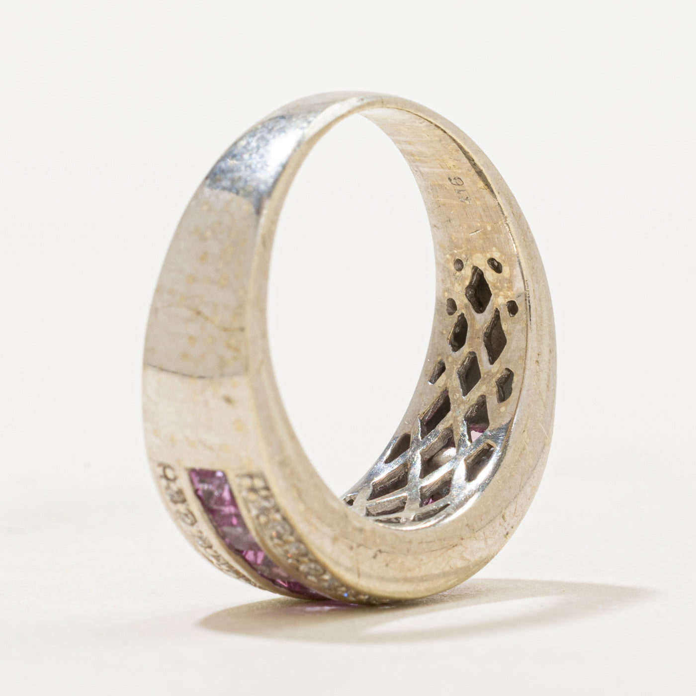 Multi Row Synthetic Pink Sapphire & Natural Diamond Ring | 1.08ctw, 0.32ctw | SZ 6.5