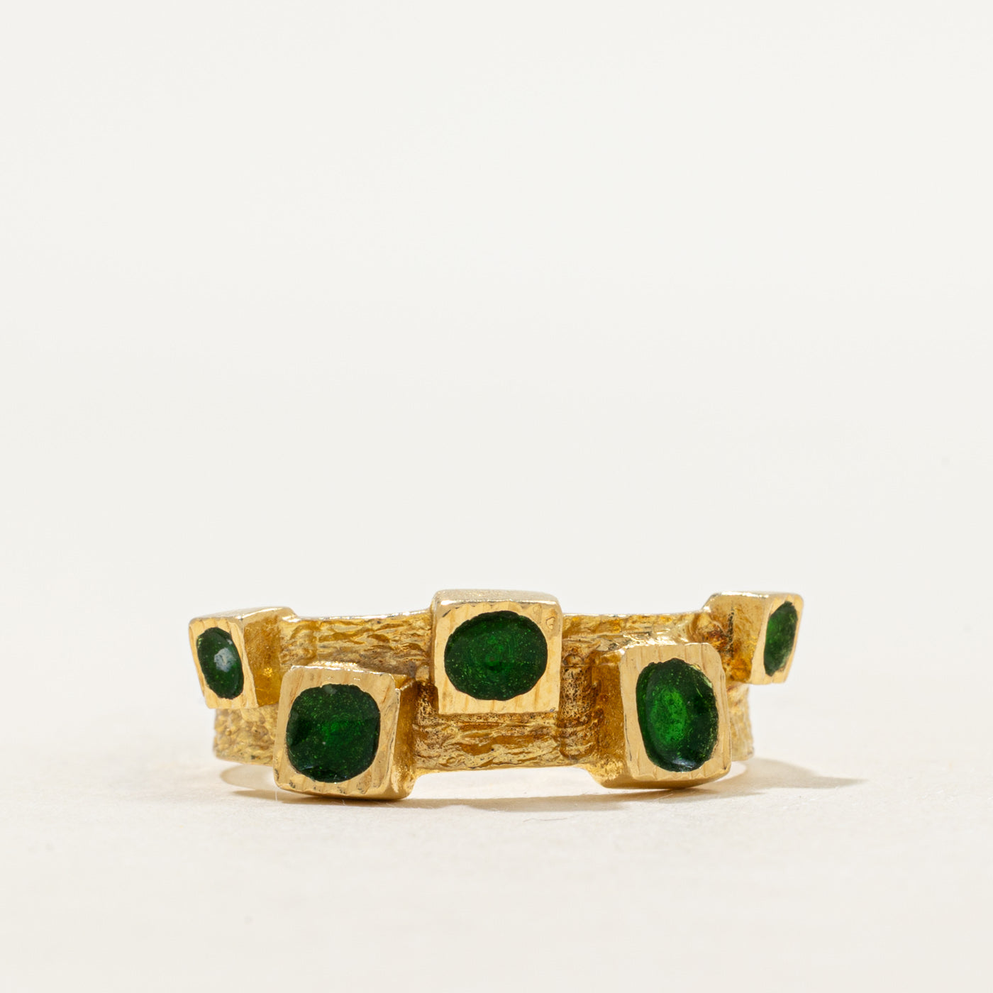 18k Yellow Gold Green Enamel Textured Ring | SZ 8.25