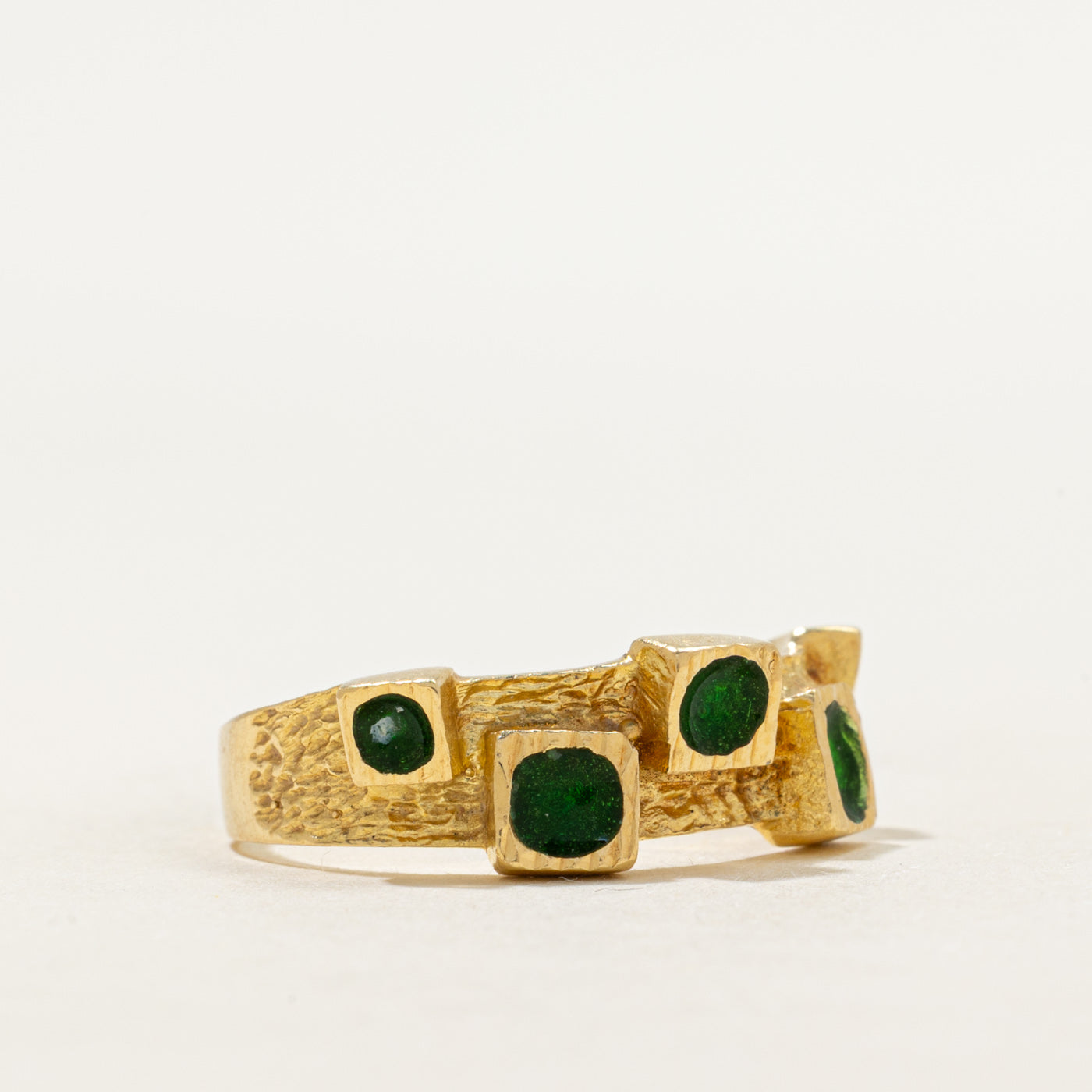 18k Yellow Gold Green Enamel Textured Ring | SZ 8.25