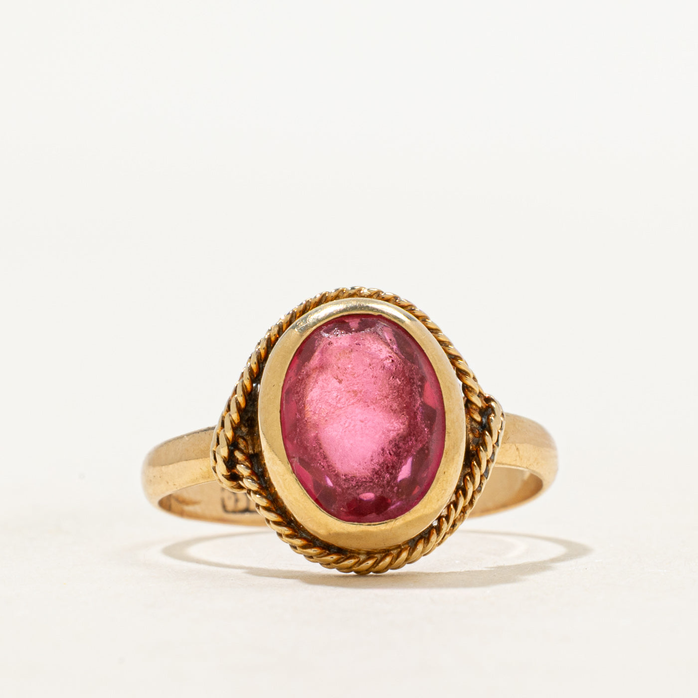 18k Bezel Set Pink Glass Rope Textured Ring | 3.15ct | SZ 5.5