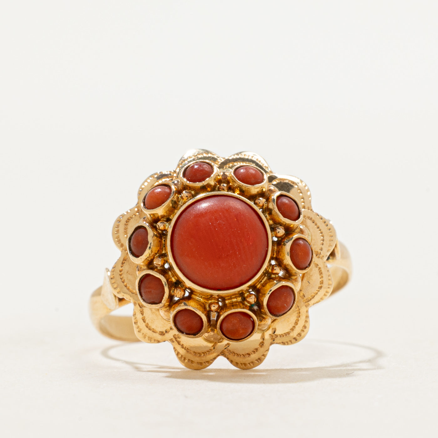 Cabochon Coral Halo Textured Cocktail Ring | 1.29ctw | SZ 9