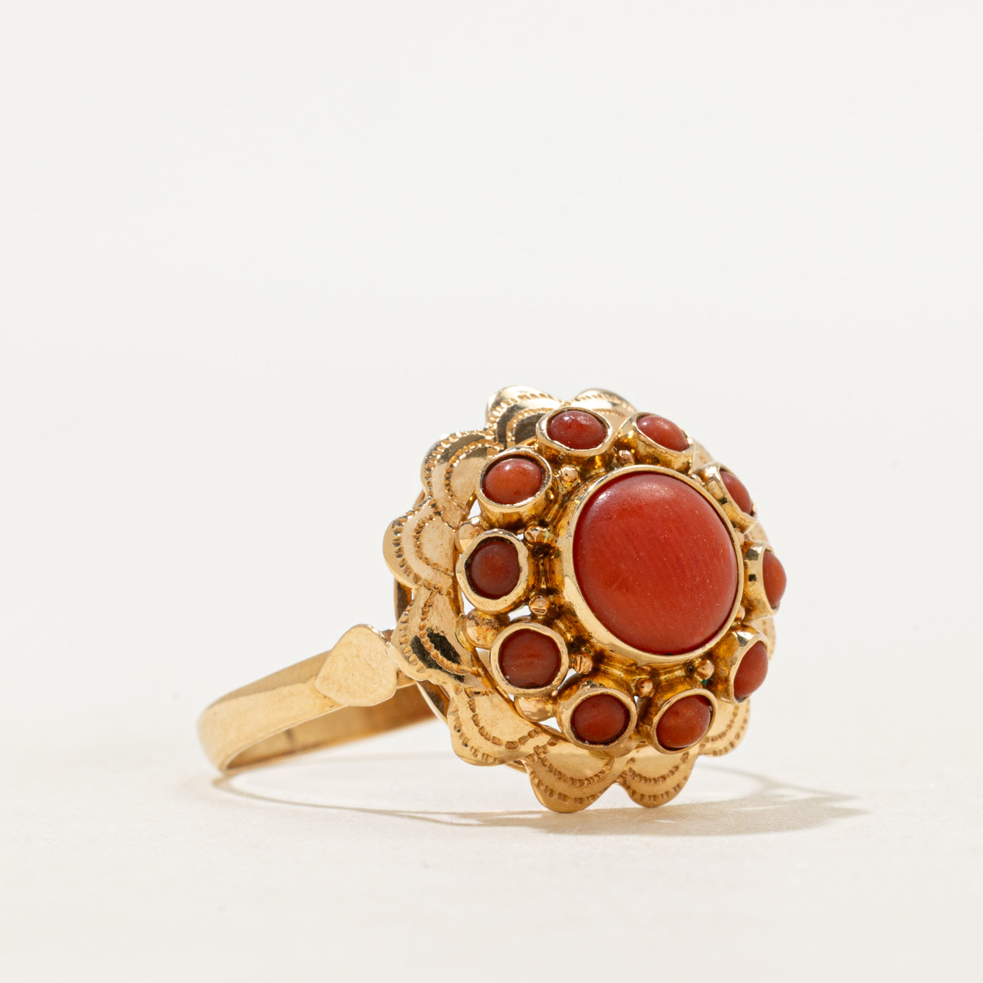 Cabochon Coral Halo Textured Cocktail Ring | 1.29ctw | SZ 9