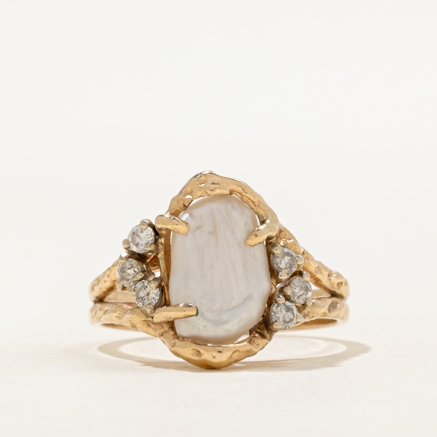 Baroque Pearl & Diamond Textured Cocktail Ring | 0.24ctw | SZ 10.75