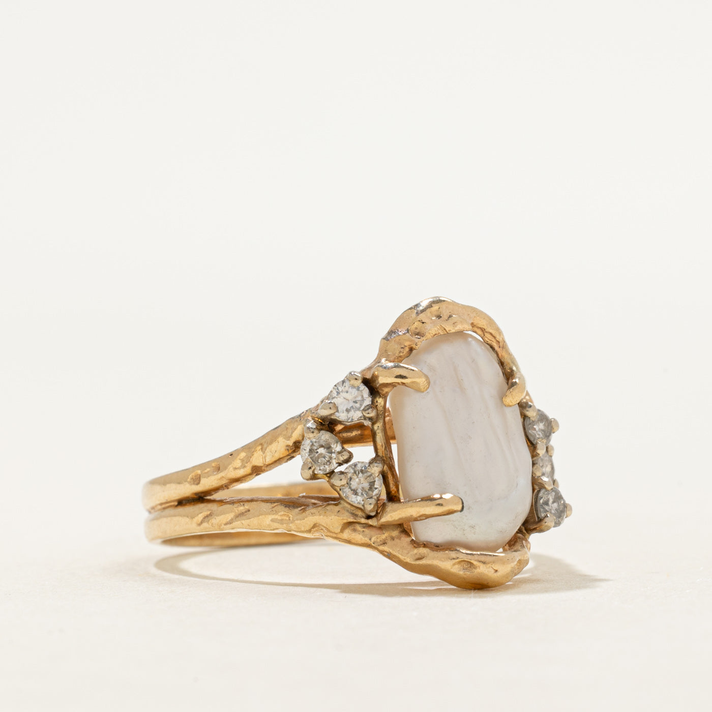 Baroque Pearl & Diamond Textured Cocktail Ring | 0.24ctw | SZ 10.75