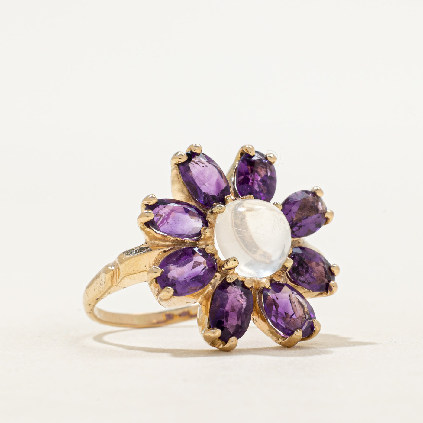 Moonstone & Synthetic Purple Sapphire Flower Cocktail Ring | 1.58ct, 2.32ctw | SZ 7.75