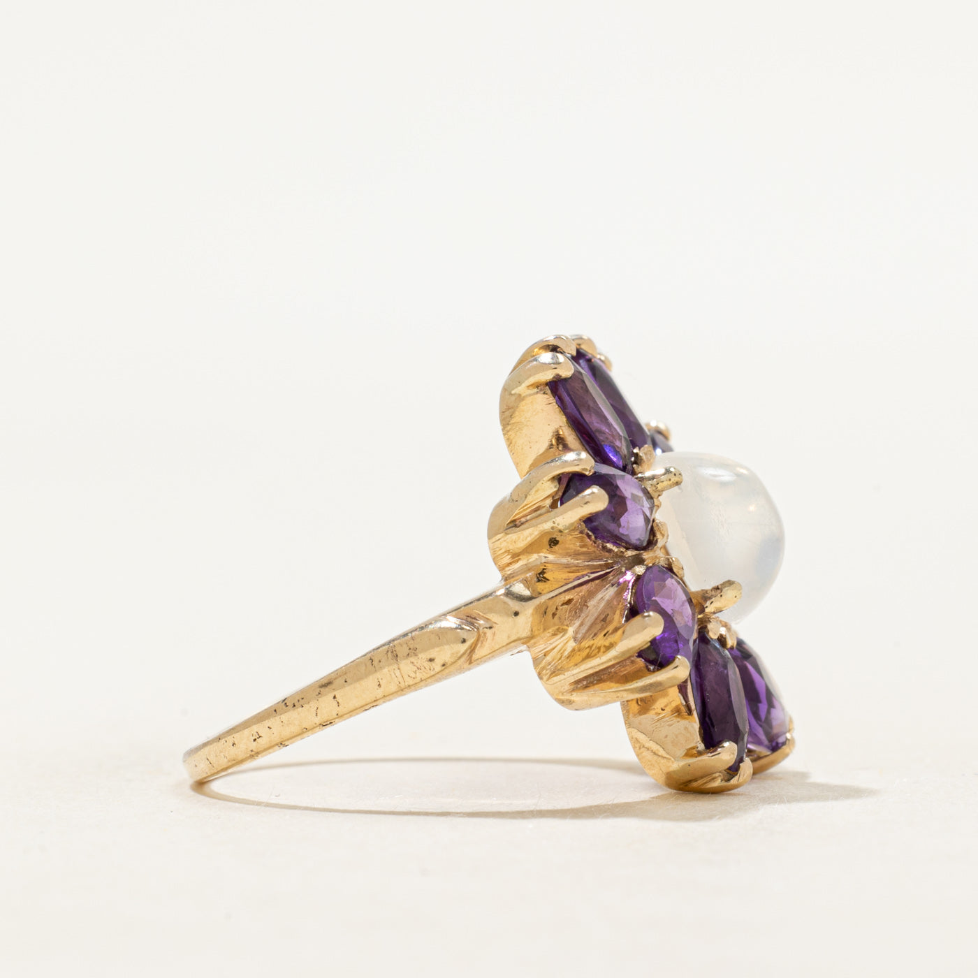 Moonstone & Synthetic Purple Sapphire Flower Cocktail Ring | 1.58ct, 2.32ctw | SZ 7.75