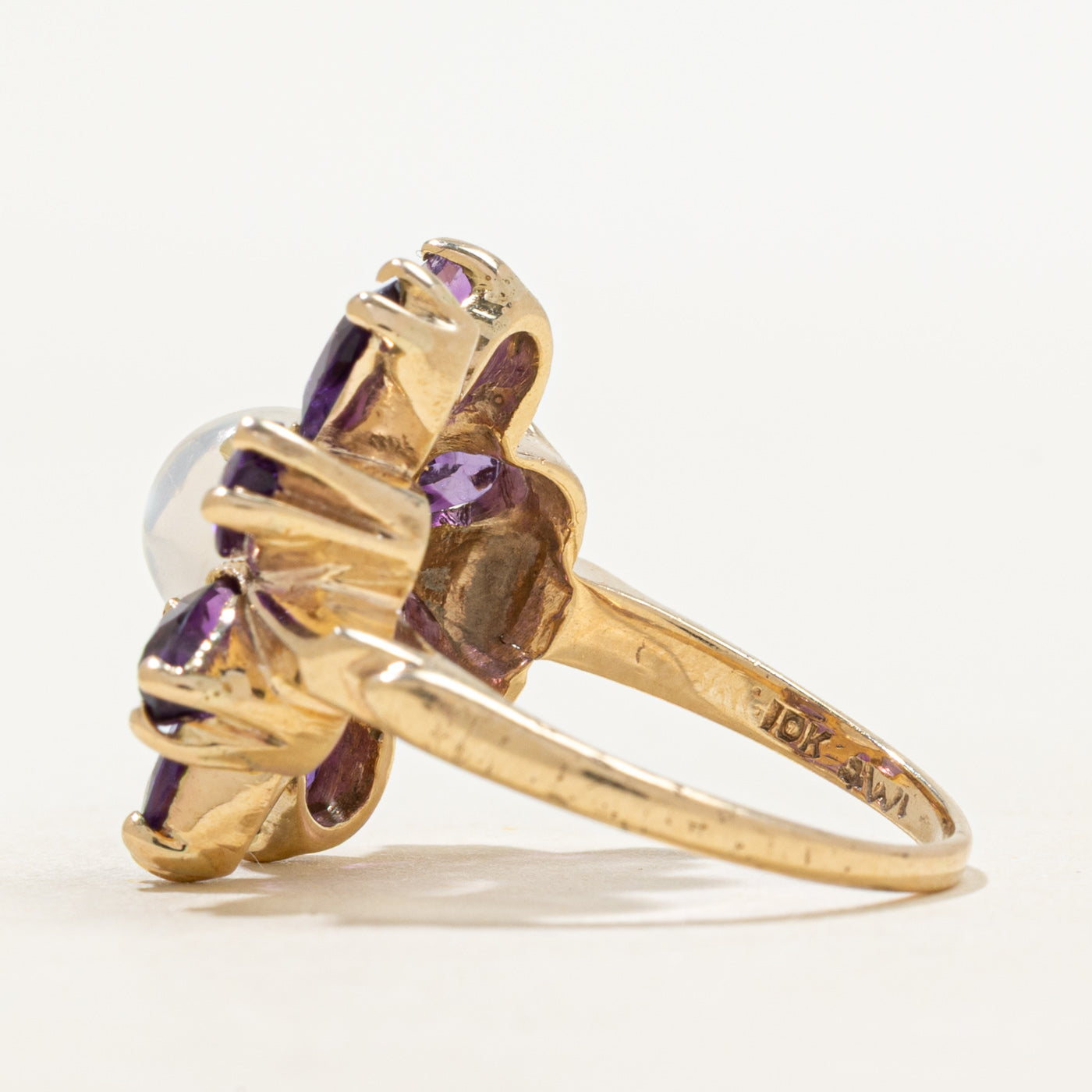 Moonstone & Synthetic Purple Sapphire Flower Cocktail Ring | 1.58ct, 2.32ctw | SZ 7.75