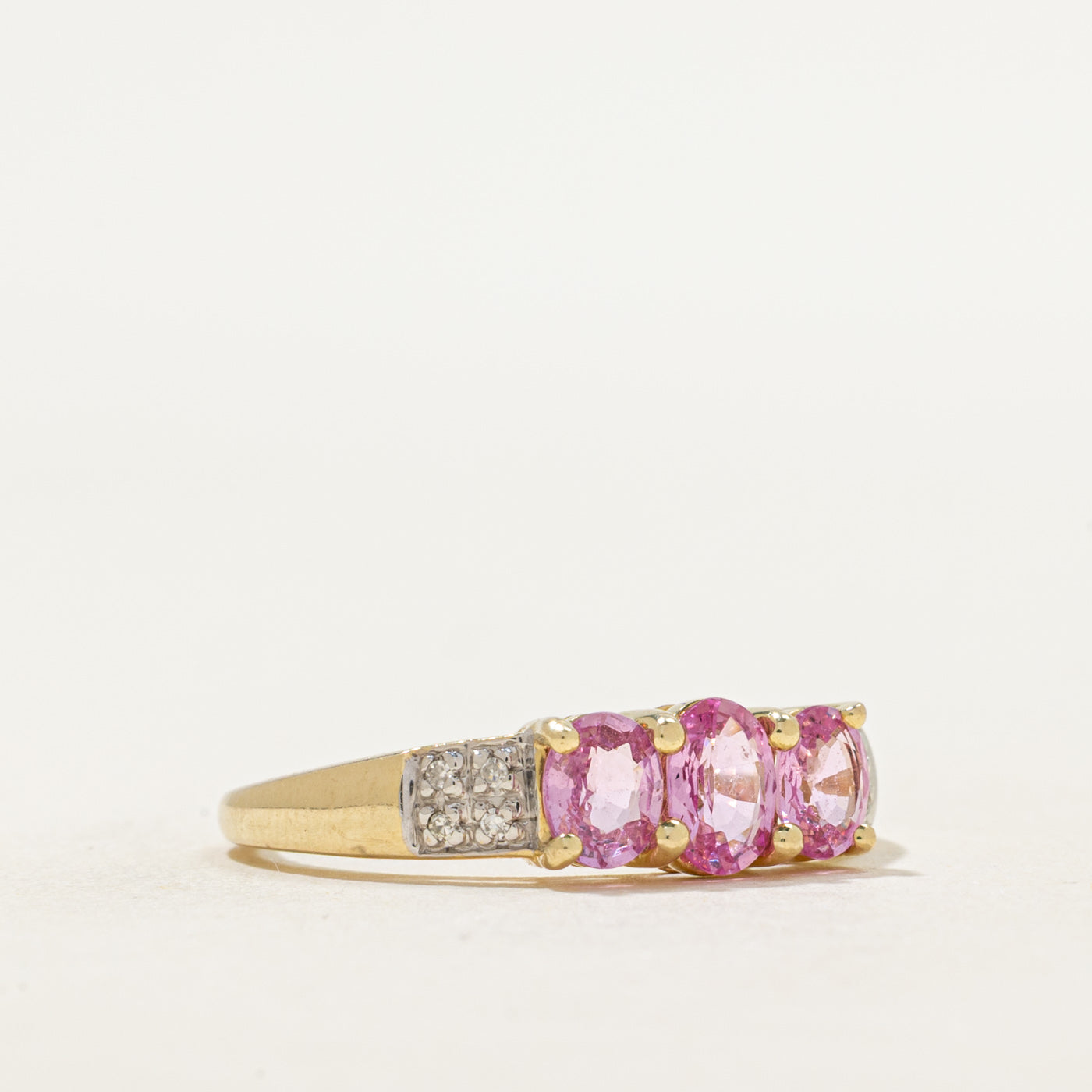 Three Stone Pink Glass & Diamond Ring | 0.95ctw, 0.04ctw | SZ 7.5