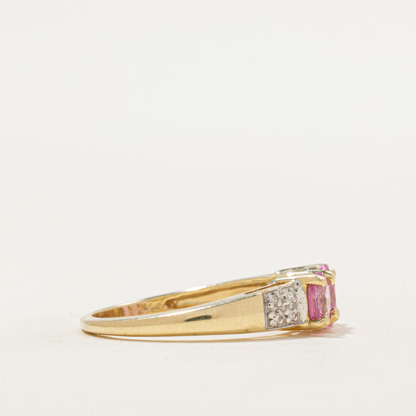 Three Stone Pink Glass & Diamond Ring | 0.95ctw, 0.04ctw | SZ 7.5