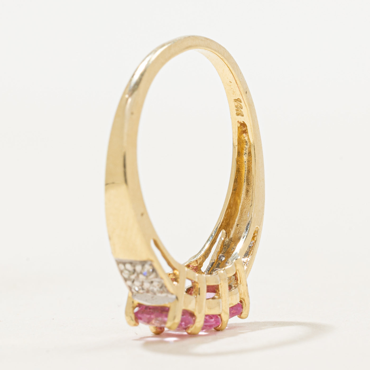 Three Stone Pink Glass & Diamond Ring | 0.95ctw, 0.04ctw | SZ 7.5
