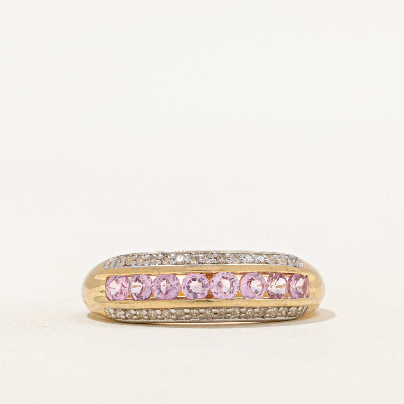 Multi Row Synthetic Pink Sapphire & Natural Diamond Ring | 0.88ctw, 0.09ctw | SZ 8