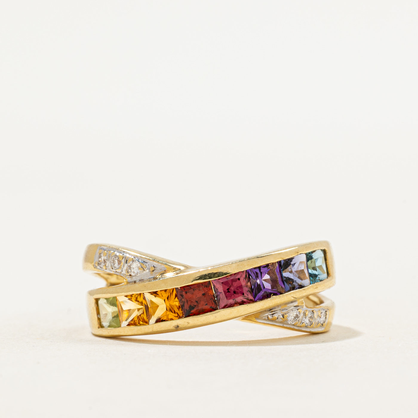 18k Multi Gemstone & Diamond Cross Over Ring | 1.30ctw, 0.06ctw | SZ 8.5