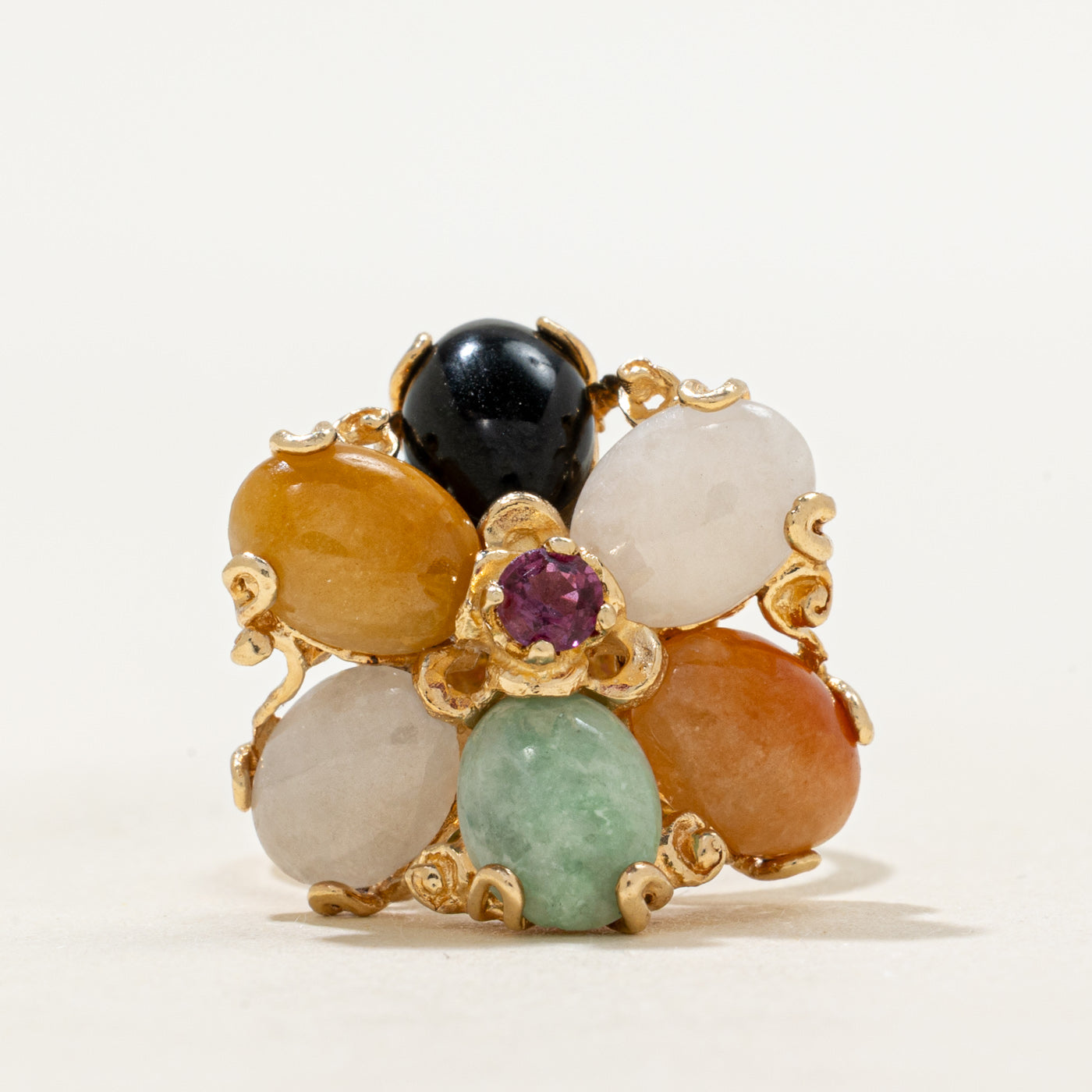 18k Jadeite & Ruby Floral Cocktail Ring | 6.12ctw, 0.16ct | SZ 5