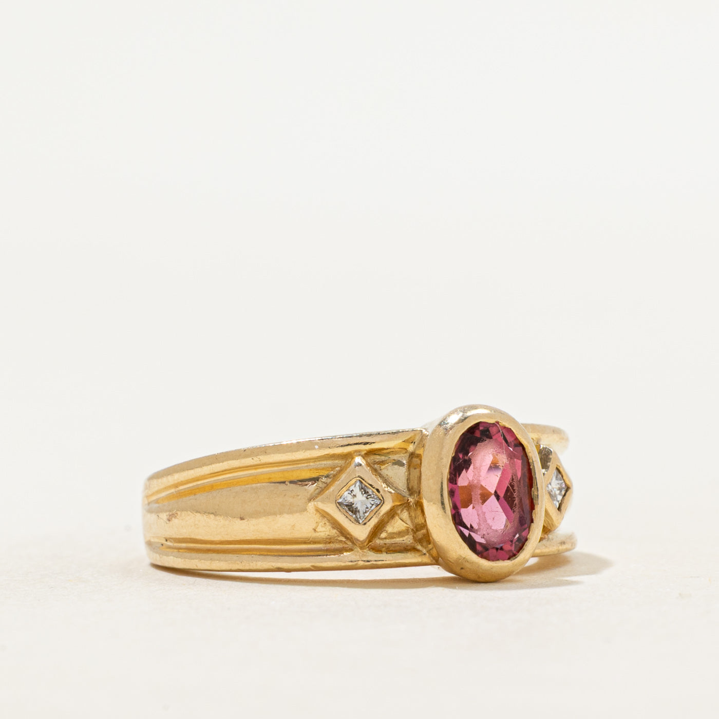 Bezel Set Oval Cut Pink Tourmaline & Diamond Ring | 0.86ct, 0.06ctw | SZ 6.5