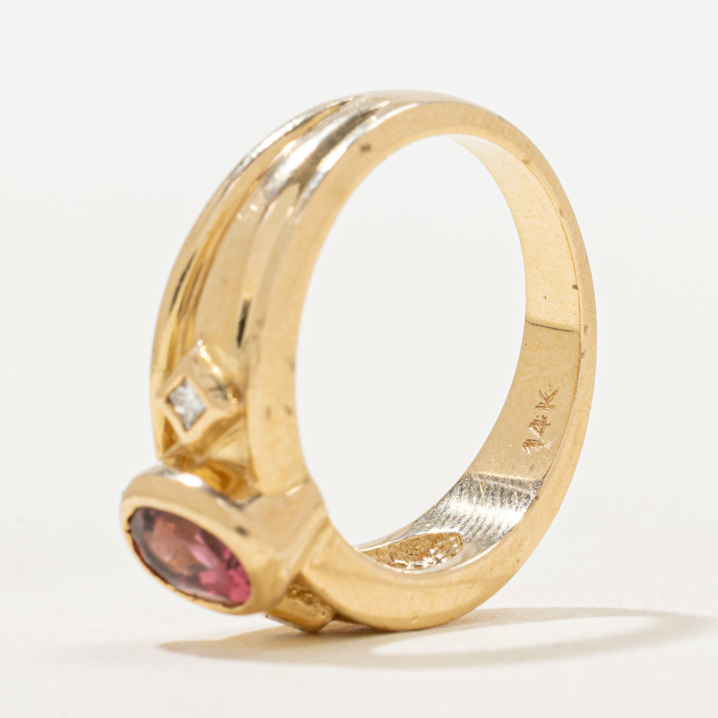 Bezel Set Oval Cut Pink Tourmaline & Diamond Ring | 0.86ct, 0.06ctw | SZ 6.5